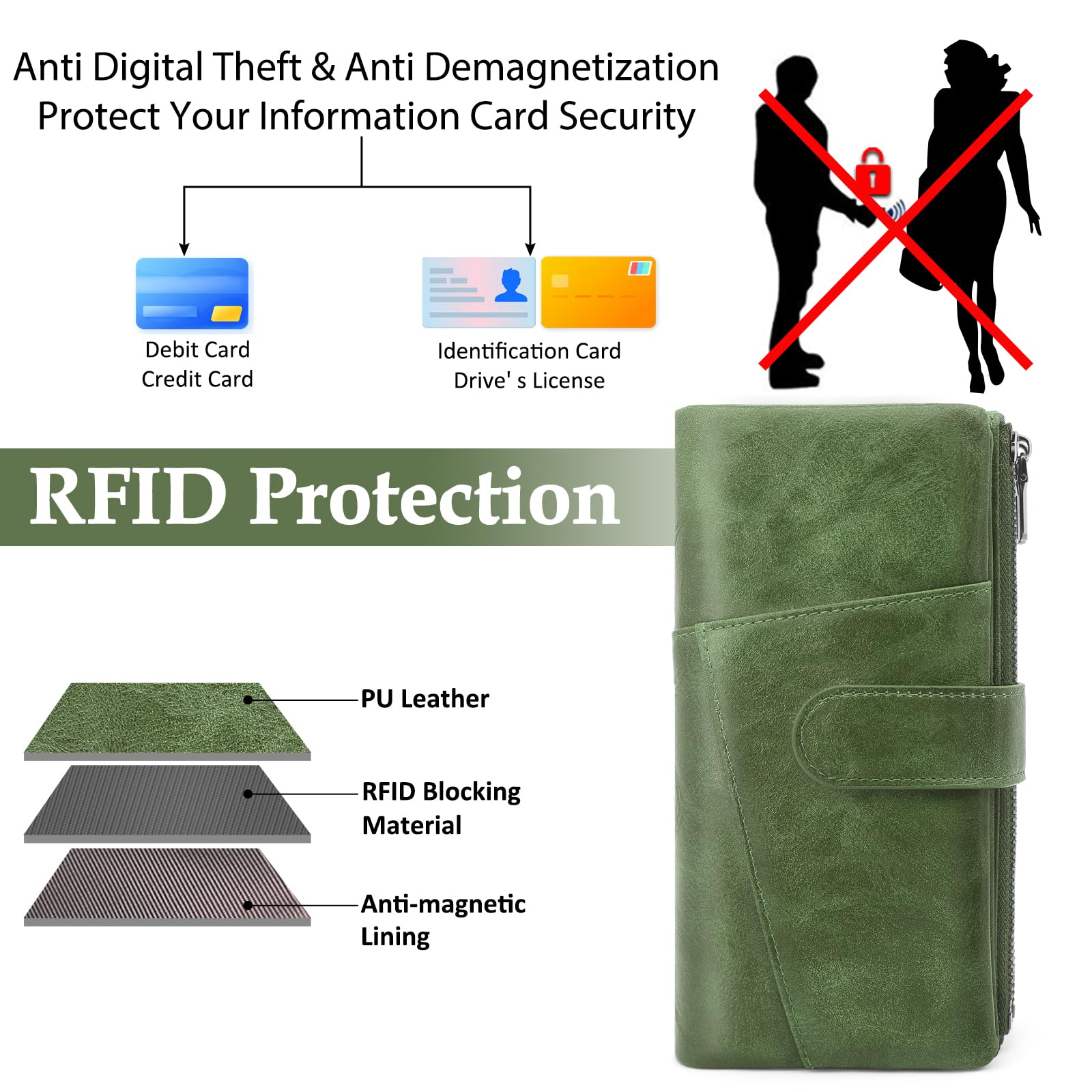 REETEE Portafoglio Donna Grande Portafoglio in Pelle PU Blocco RFID Lungo Portafogli da Donna Cerniera Grand Portamonete e 23 Porta Credito Carte Molti Scomparti (verde)