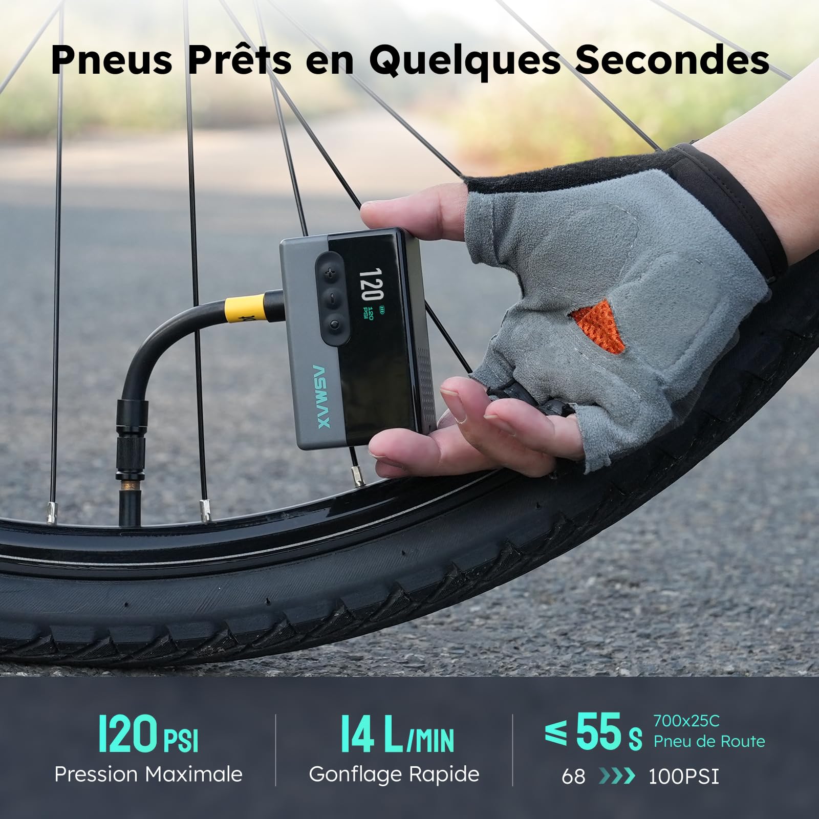 ASMAX Mini Pompe à Vélo, Tiny Pump 120 PSI avec Manomètre Numérique, Écran LCD, Valve Schrader et Presta, Batterie Rechargeable, Arrêt Automatique, pour Vélo Électrique, VTT, de Ville et Route, T30