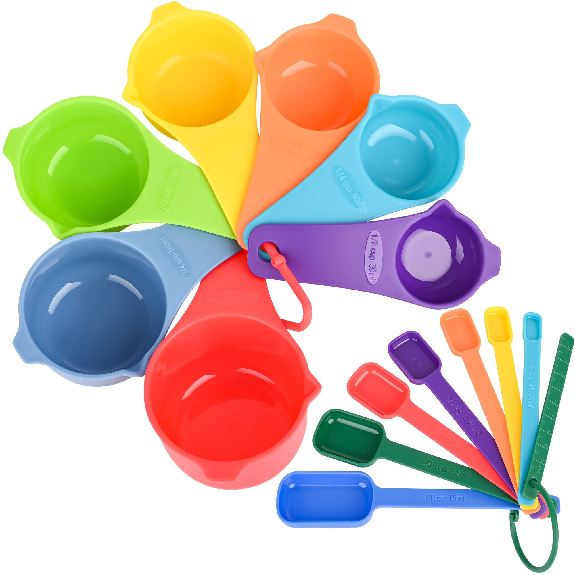SPUVGVC Plastic Measuring Cups and Spoons Set?Dry Measuring cups Set with Spout and Leveler for Kitchen and Baking, BPA free and Dishwasher Safe, Nesting Measuring Cups Colorful Set of 15