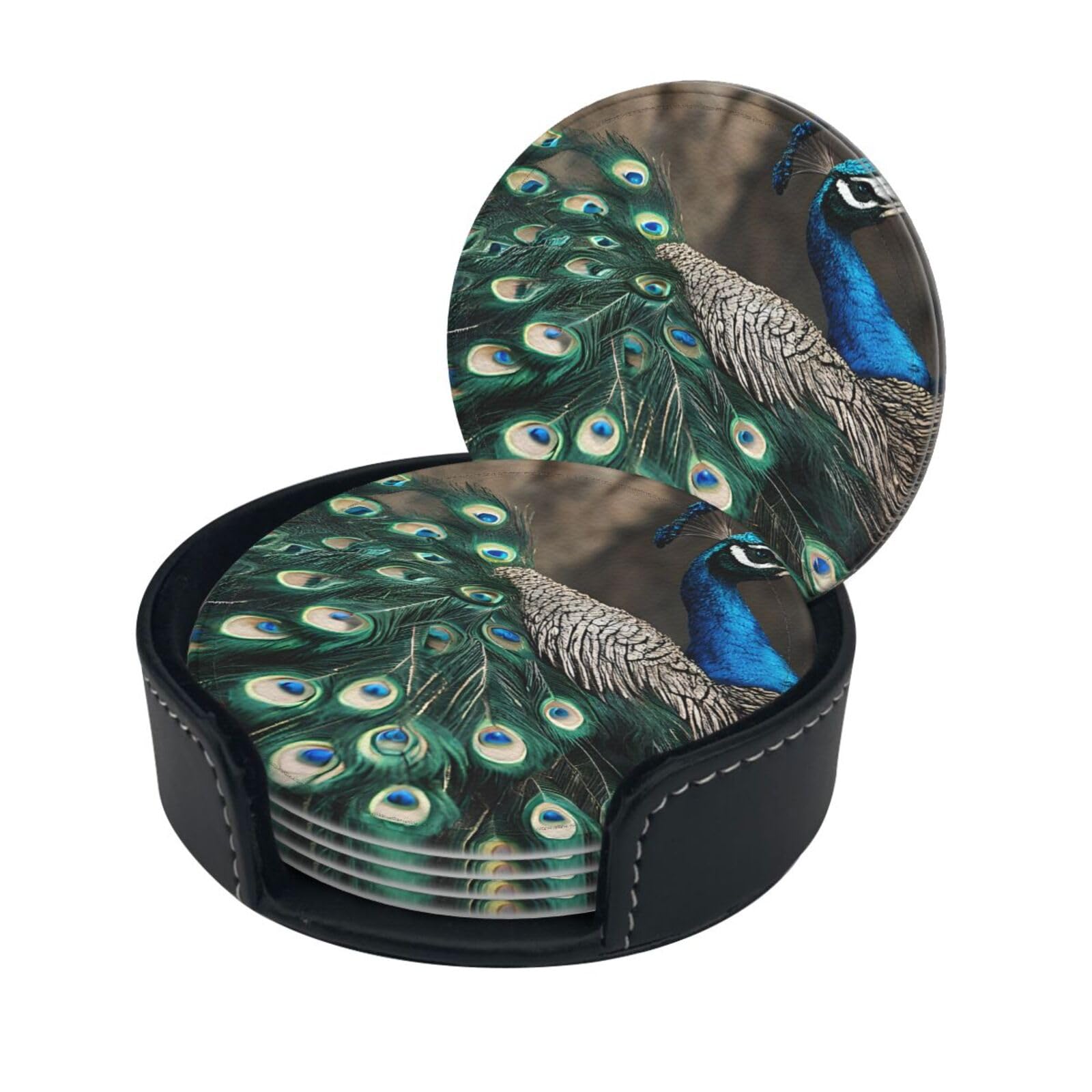 Green Peacock Feather Printed Leather Coasters (6-Pack) - Heat Resistant Drinks Cup Mat Pad for Home and Office Decor