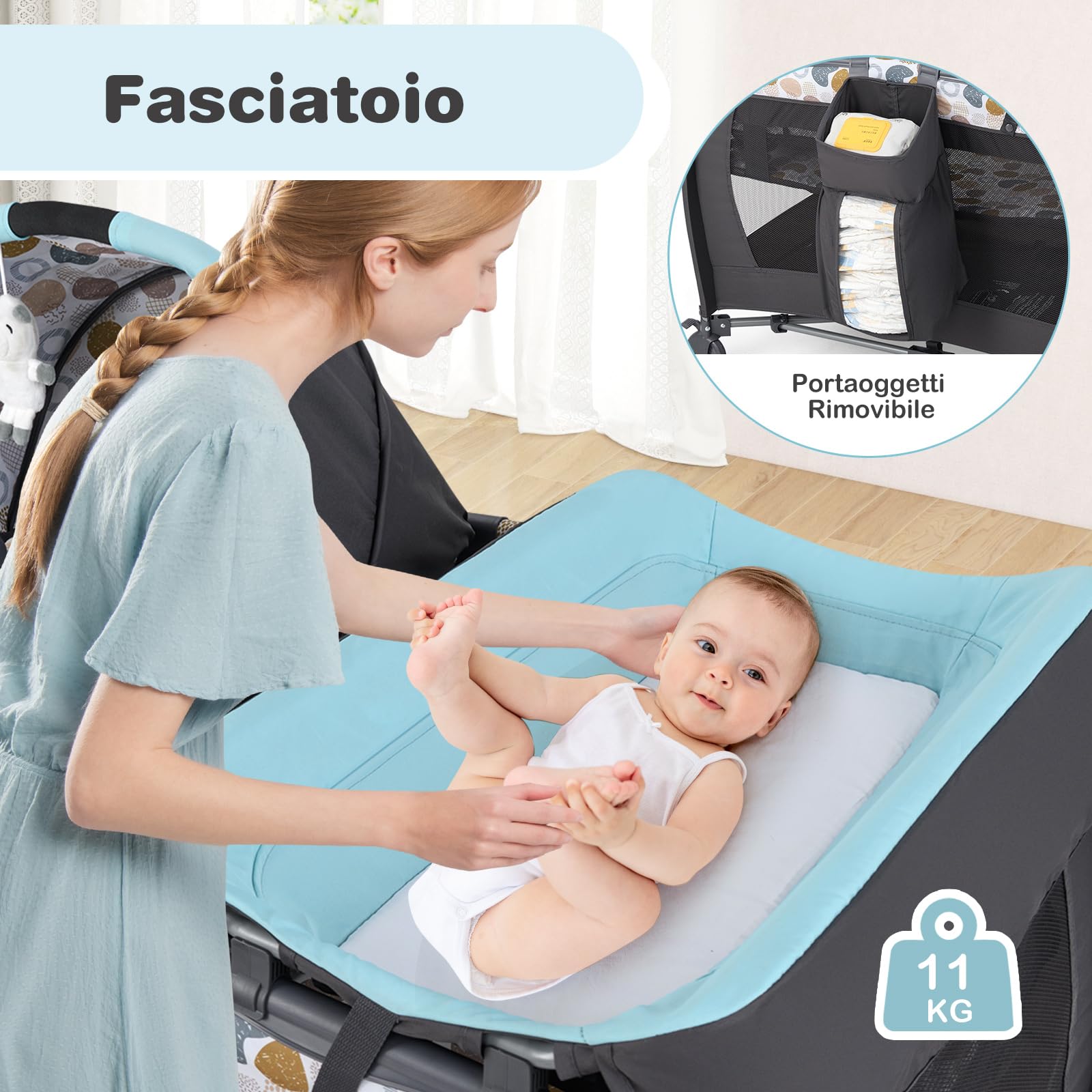 COSTWAY 5 in 1 Culla Campeggio Bambini, Lettino Viaggio Neonati Pieghevole con Materasso, Fasciatoio, Box Portatile con Ruote, 2 Giocattoli e Carillon, per Bambini 0-3 Anni (Blu)
