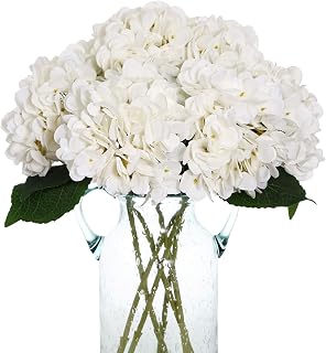 Kimura's Cabin 6pcs Faux White Hydrangeas Artificial Silk Flowers with Stems - Realistic Bouquets for Wedding Home Party Decor