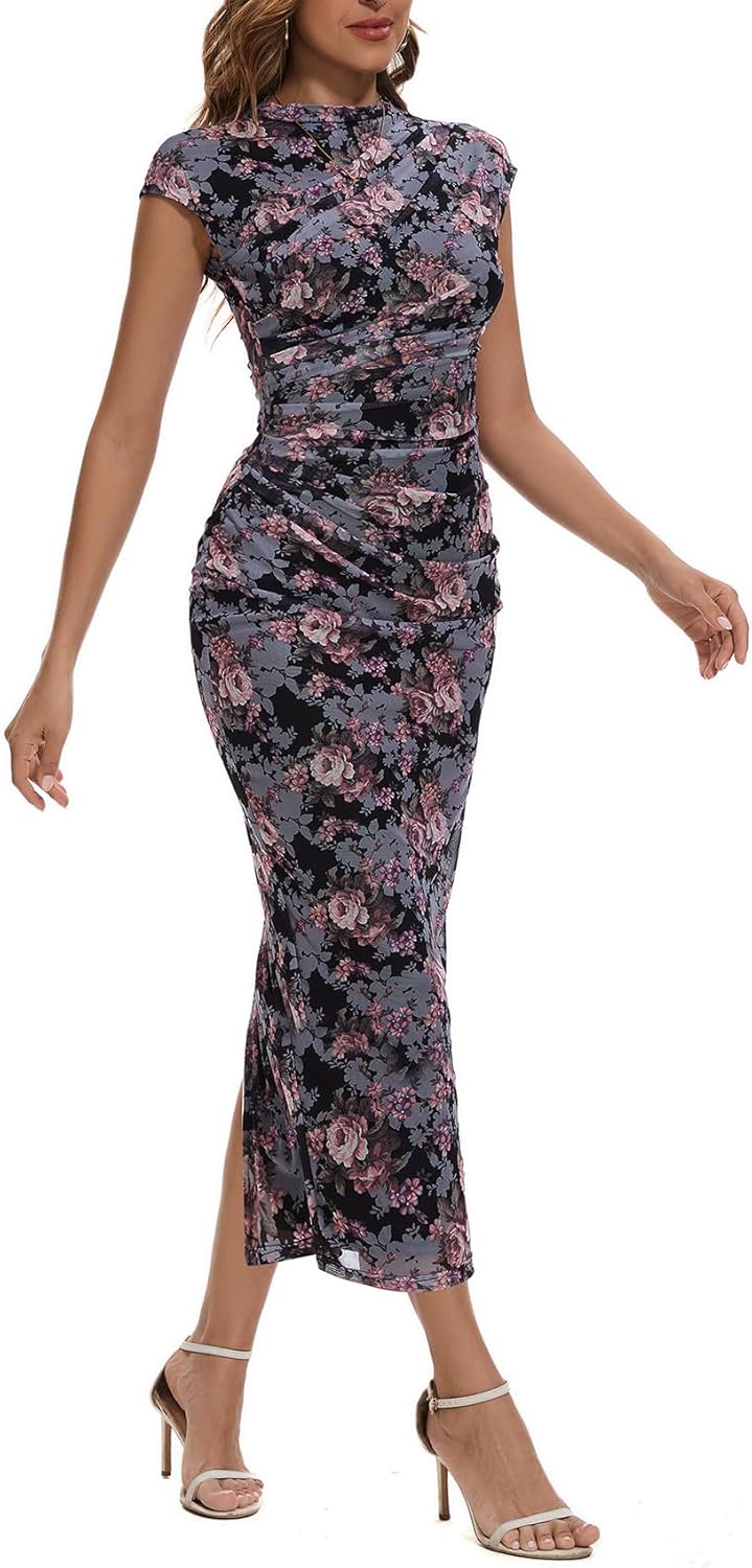 Women's Mock Neck Ruched Floral Mesh Bodycon Maxi Dress Cap Sleeve Tight Fitted Curvy Cocktail Club Party Dresses - Image 4