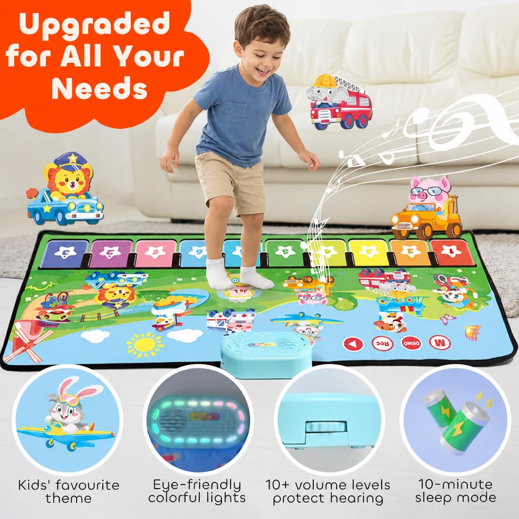 MOMUSE Alfombra Musical con 80 Sonidos, Alfombra de Piano Grande con 10 Animales y 10 Coches, Juguetes Musicales con Luz Suave, 10+ Niveles Volumen, Regalos para Niños Niñas 1 2 3 Años (110 cm*45 cm)