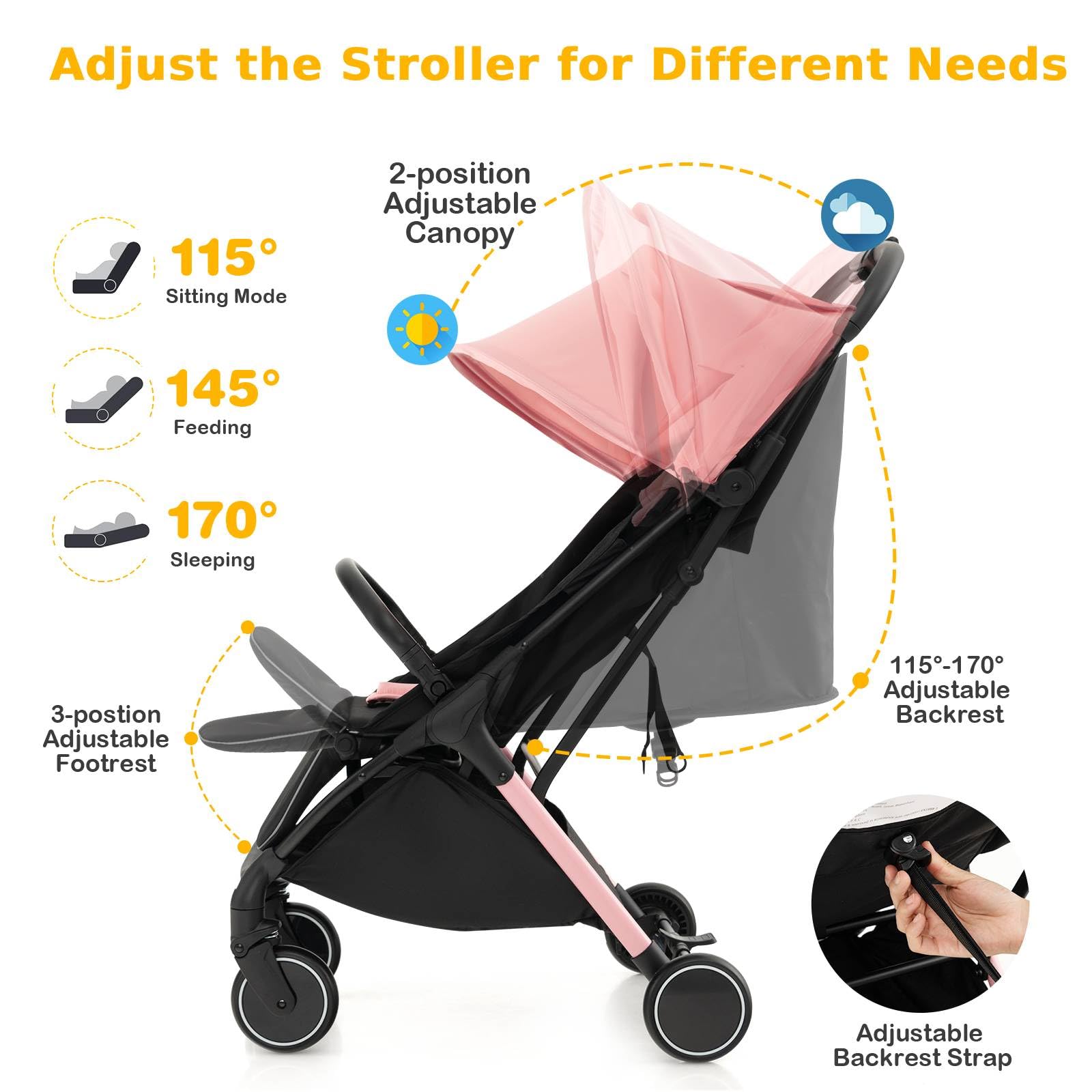 GYMAX Passeggino pieghevole portatile con una sola mano, cintura di sicurezza a 5 punti, ruota bloccabile, poggiapiedi regolabile, tettuccio e schienale, passeggino da viaggio per bambini da 0 a 3