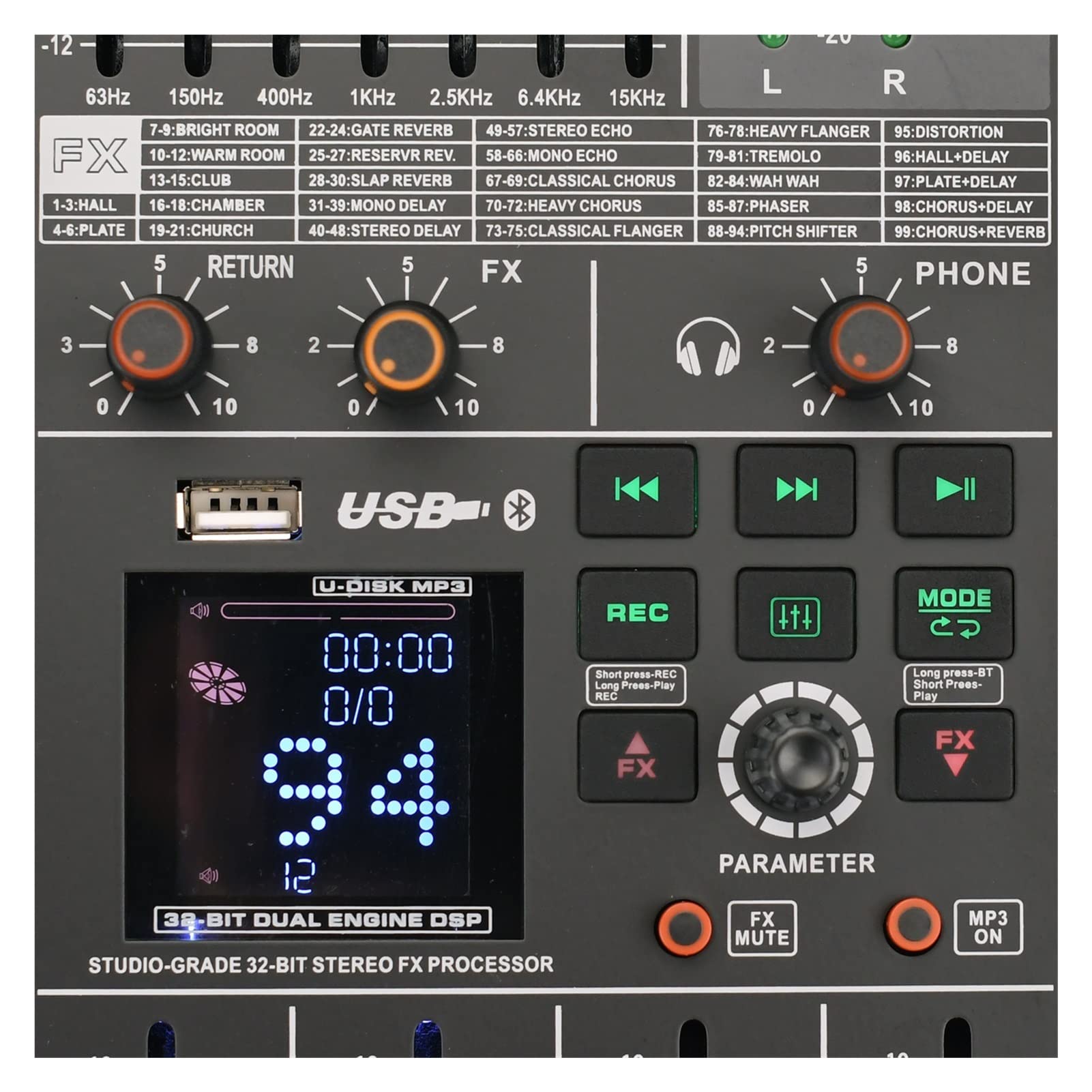 Equipo de DJ para Fiesta ADM-TX104D 250 WX2 10 Canales gráfico de 7 Bandas EQ 99 DSP Efectos USB Reproducir Registro de Bluetooth Potencia Amplificador de Audio Mezclador
