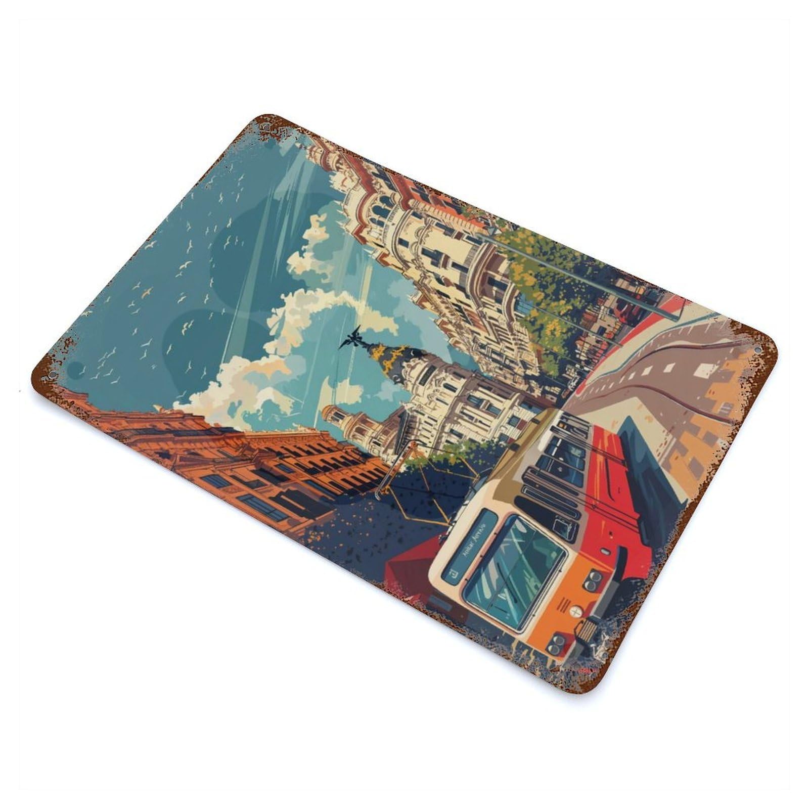 Madrid Street Scene Weathered Tin Sign 11.8"x7.9", Shabby Chic Decor for Garage, Pub Or Kitchen