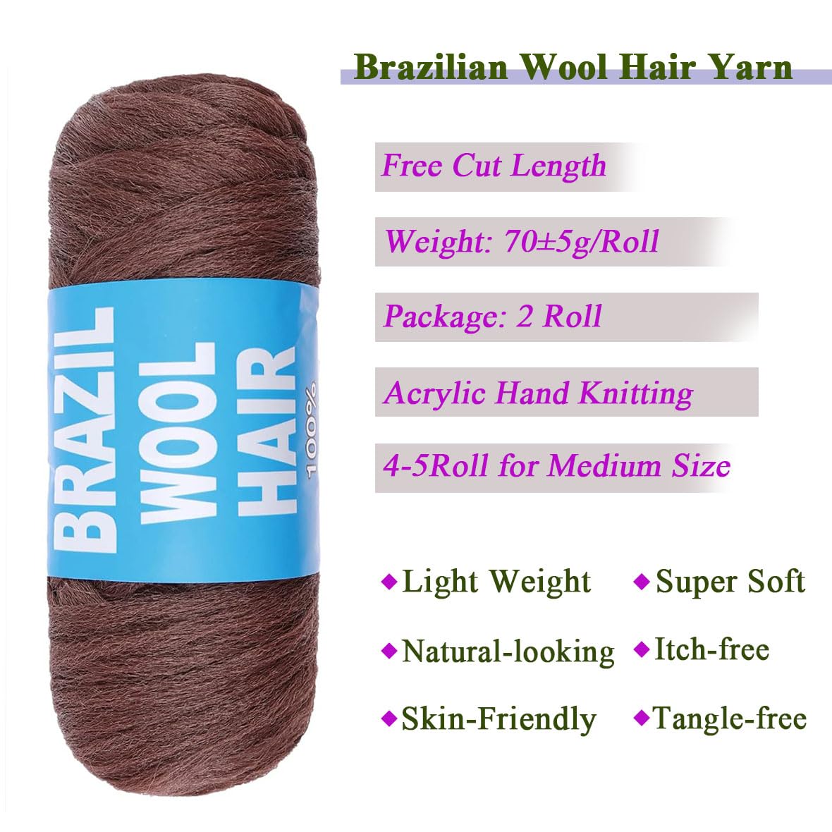 Kachanaa 2 Roll Brown Brazilian Wool Hair Yarn for Jumbo Braids Acrylic Hand Knitting Roll for Soft Faux Locs Goddess Locs Hair Extension Senegalese Twist Crochet Hair for Women 30# - Image 3