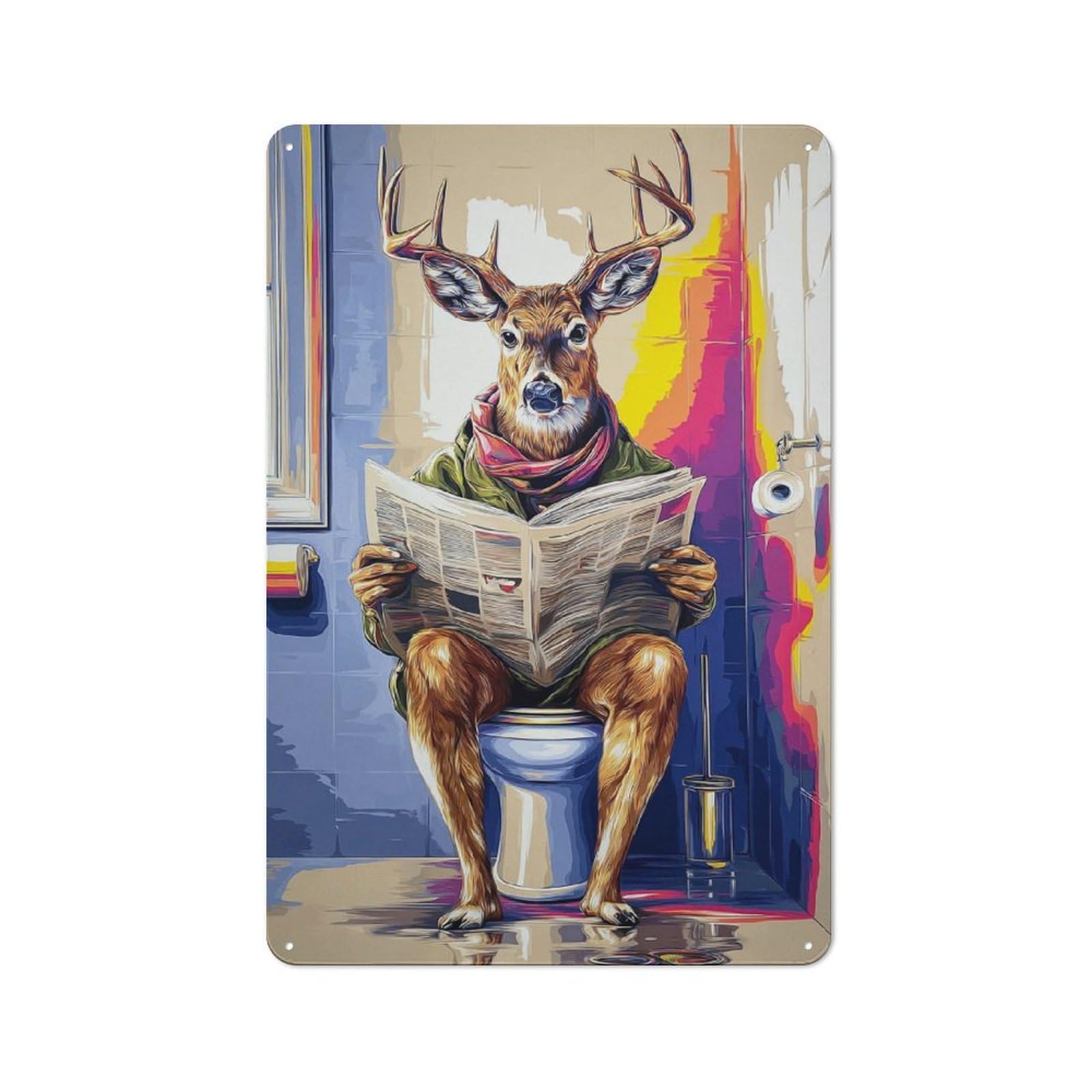 Junmoney Deer Reading Newspaper On Toilet Industrial Decorative Metal Plaque 30X20cm Featuring Urban Room Decor For Flat, Bar, Studio Or Gallery Wall