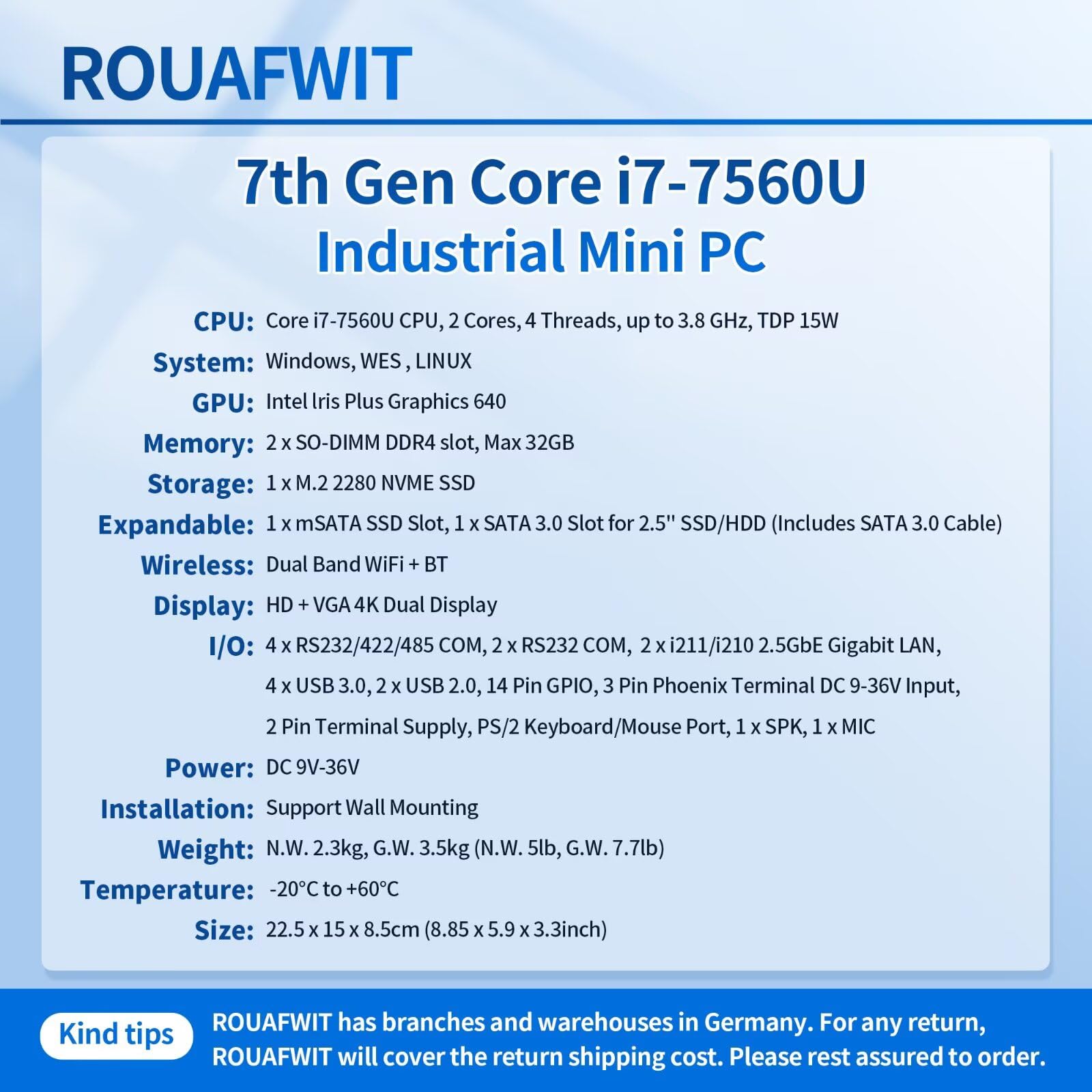 Industrie PC Fanless Mini PC Core i7-7560U, DDR4 8GB RAM 256GB SSD, Barebone, 4RS232/422/485COM, 2Gigabit LAN, HD+VGA, Fanless Industrial Fanless Embedded Auto Power On