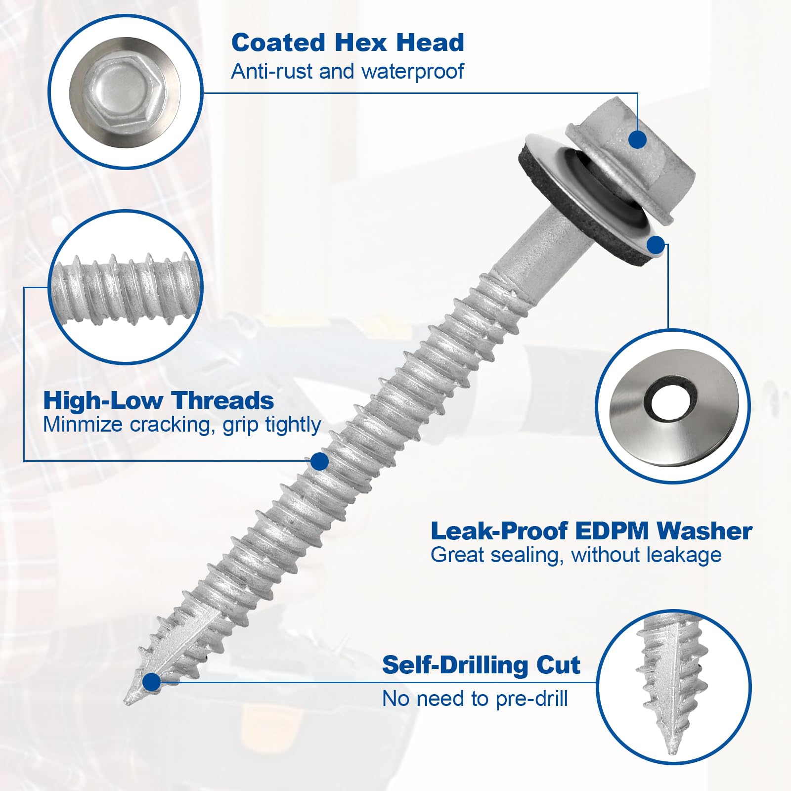 FMhotu Tornillos de metal para techos #14 x 3 pulgadas, 320 unidades, cabeza hexagonal, revestimiento Rustpert, tornillo de revestimiento de chapa metálica a madera con arandela de goma EPDM, punta