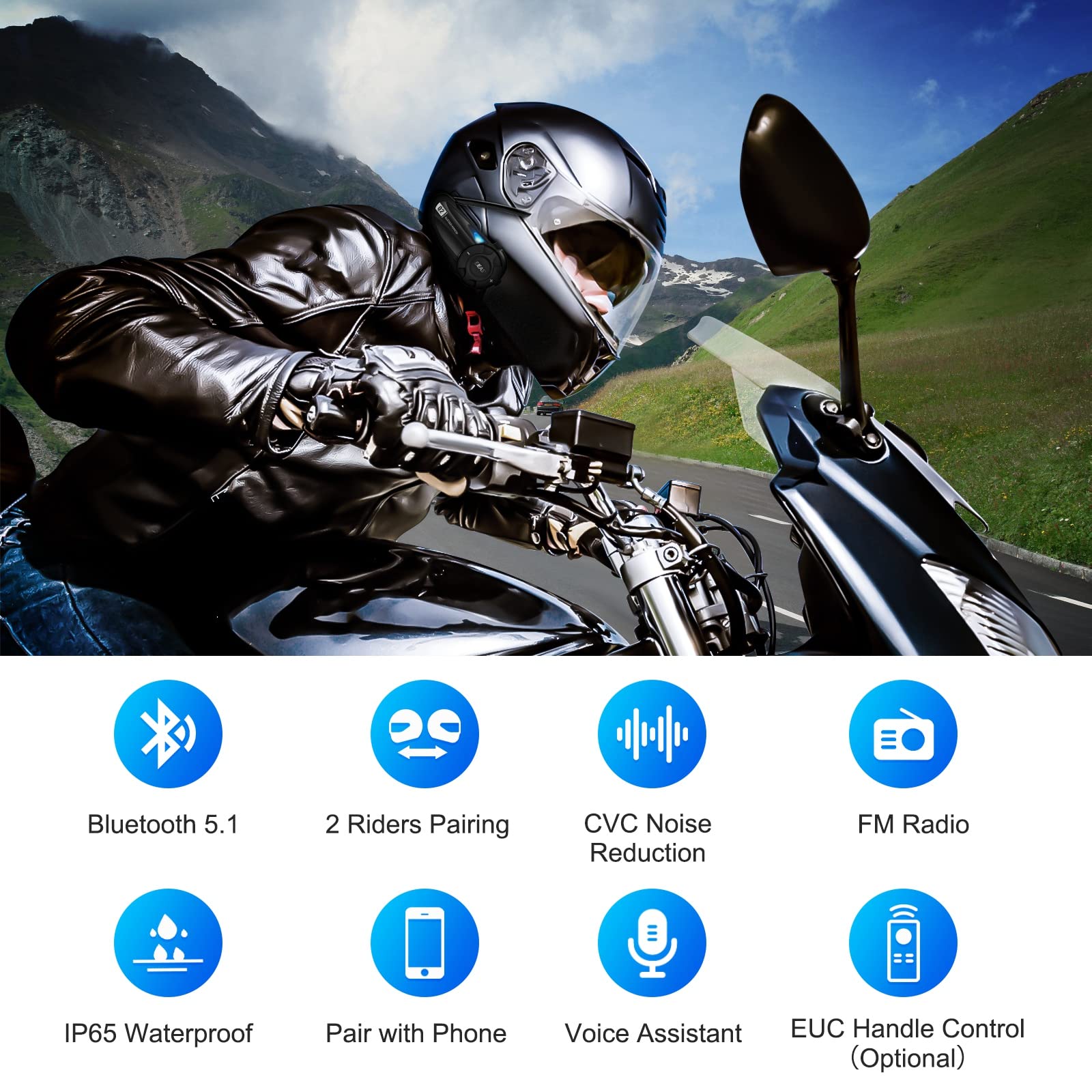 EJEAS Q2 Intercomunicador Casco Moto, Intercom Bluetooth 5.1 con Reducción de Ruido FM y CVC, Sonido y Conexión Estable para Intercomunicador Full Duplex de 2 Personas (1 Paquete)