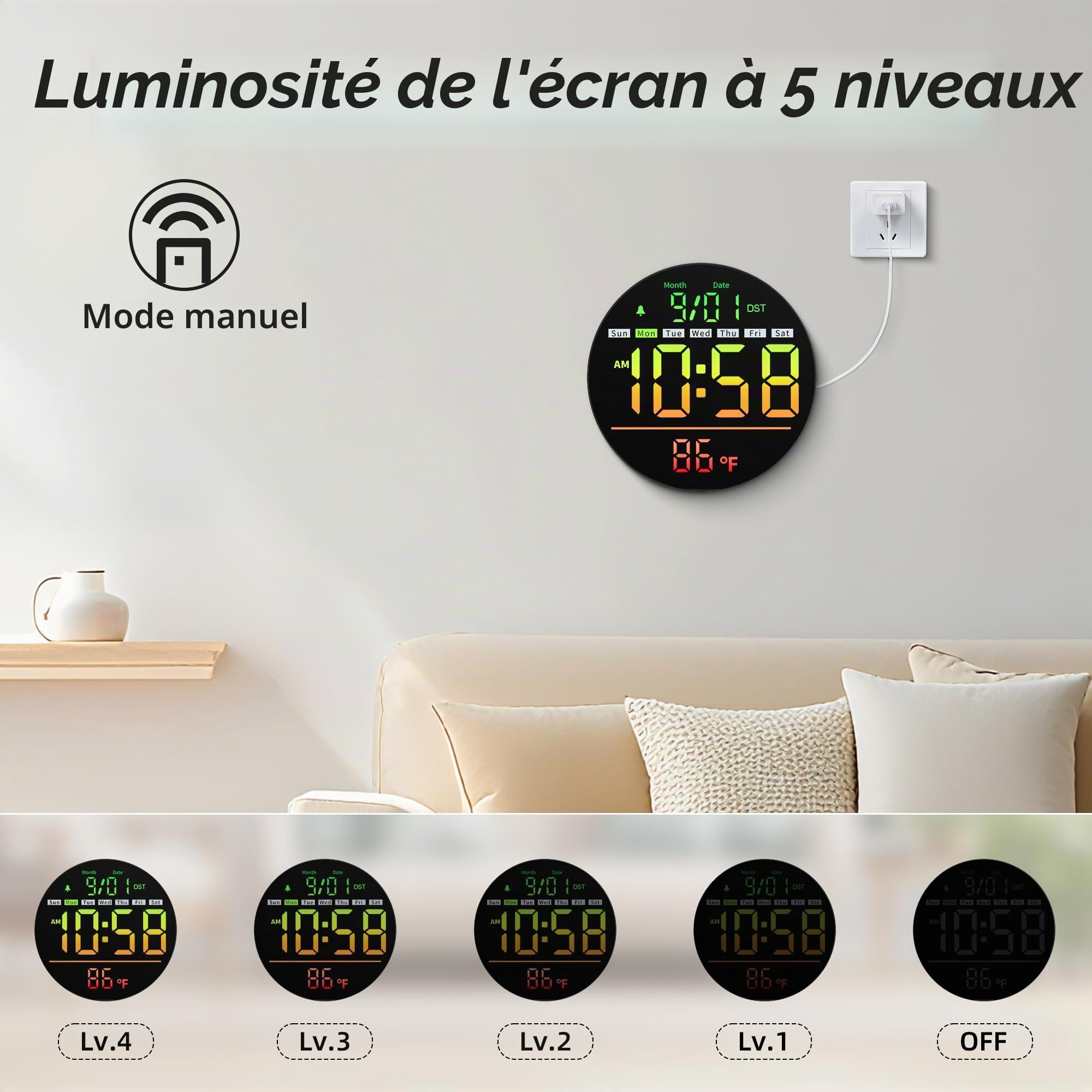 Maxstar Horloge Murale Numérique 8" LED avec Alarme, RGB, Température, Date