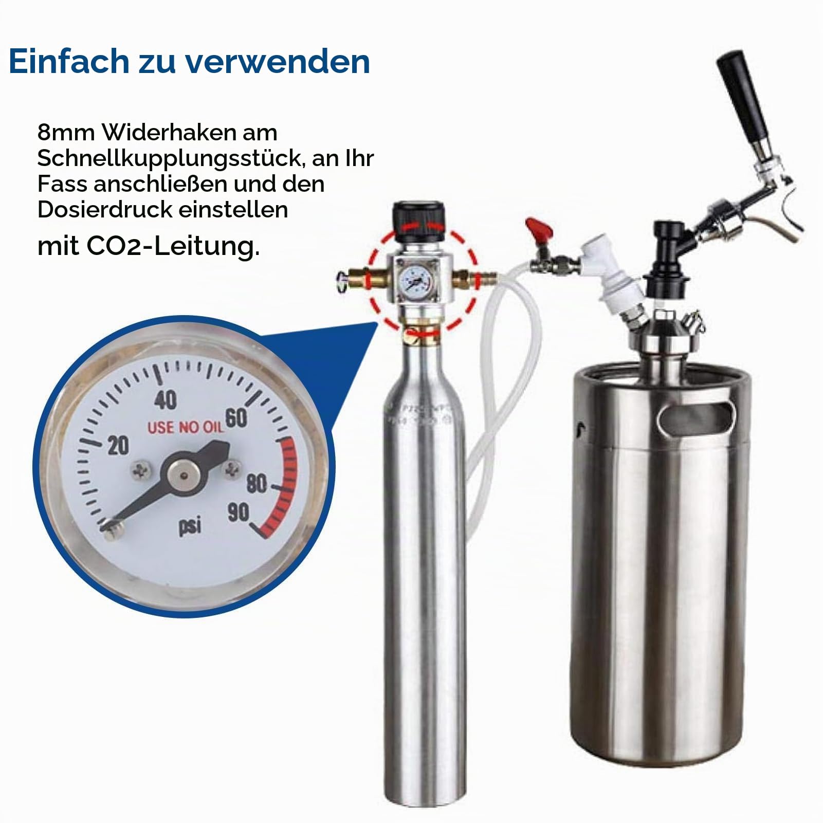 CO2-Regler, CO2 Druckminderer 2 in 1 Mini-CO2-Gasregler TR21.4 Soda-Manometer 0-90 PSI, Edelstahl Mini Gasregler,CO2 Keg Charger,Soda Manometer
