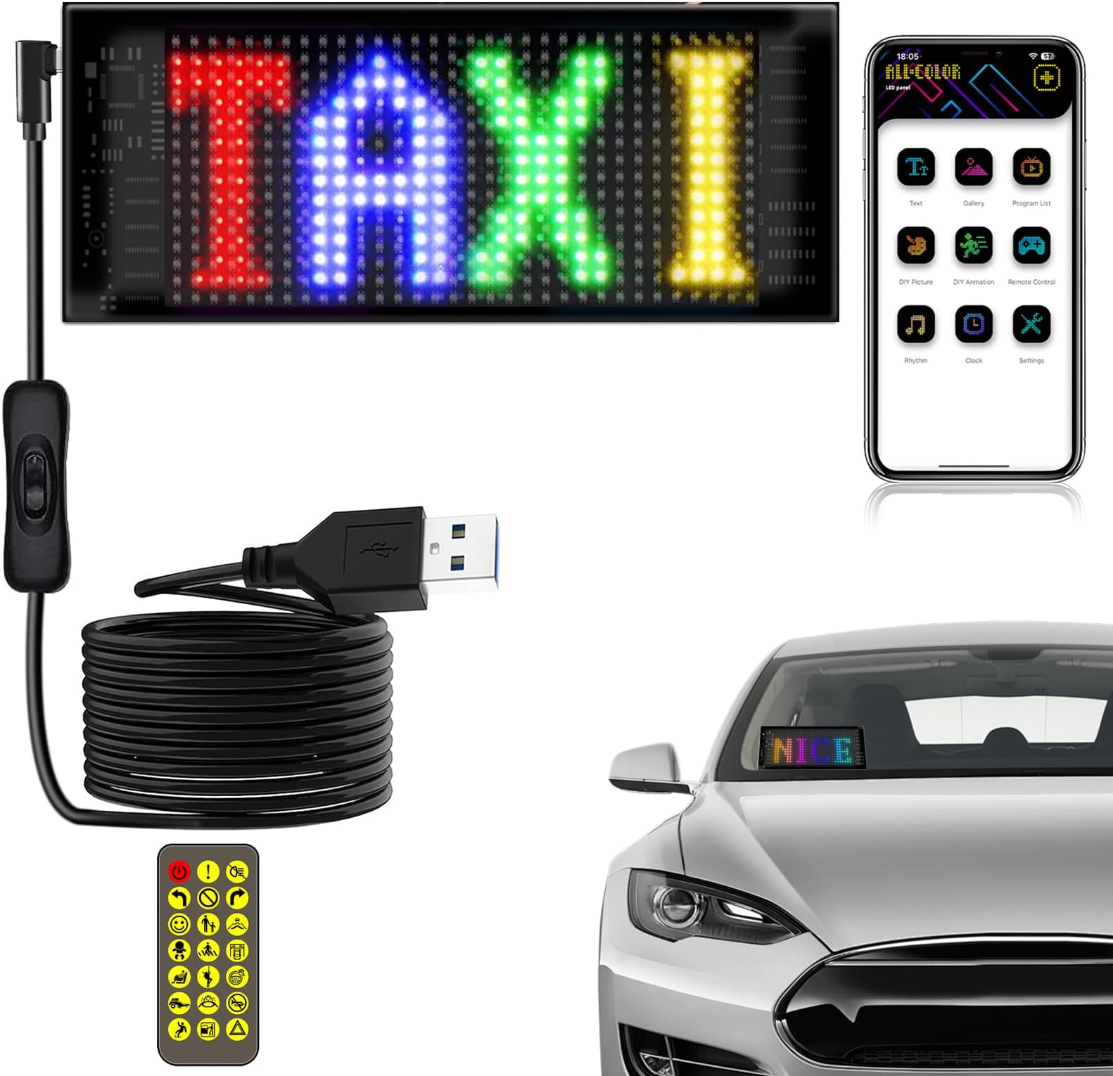 17x7 CM Car LED Sign - Bluetooth App/Remote Control Flexible Programmable Car LED Interior Lights, USB 5V Cars Custom Text Pattern Display Board Matrix Panel, Cars Gadgets Men/Bar Party/Window/Door
