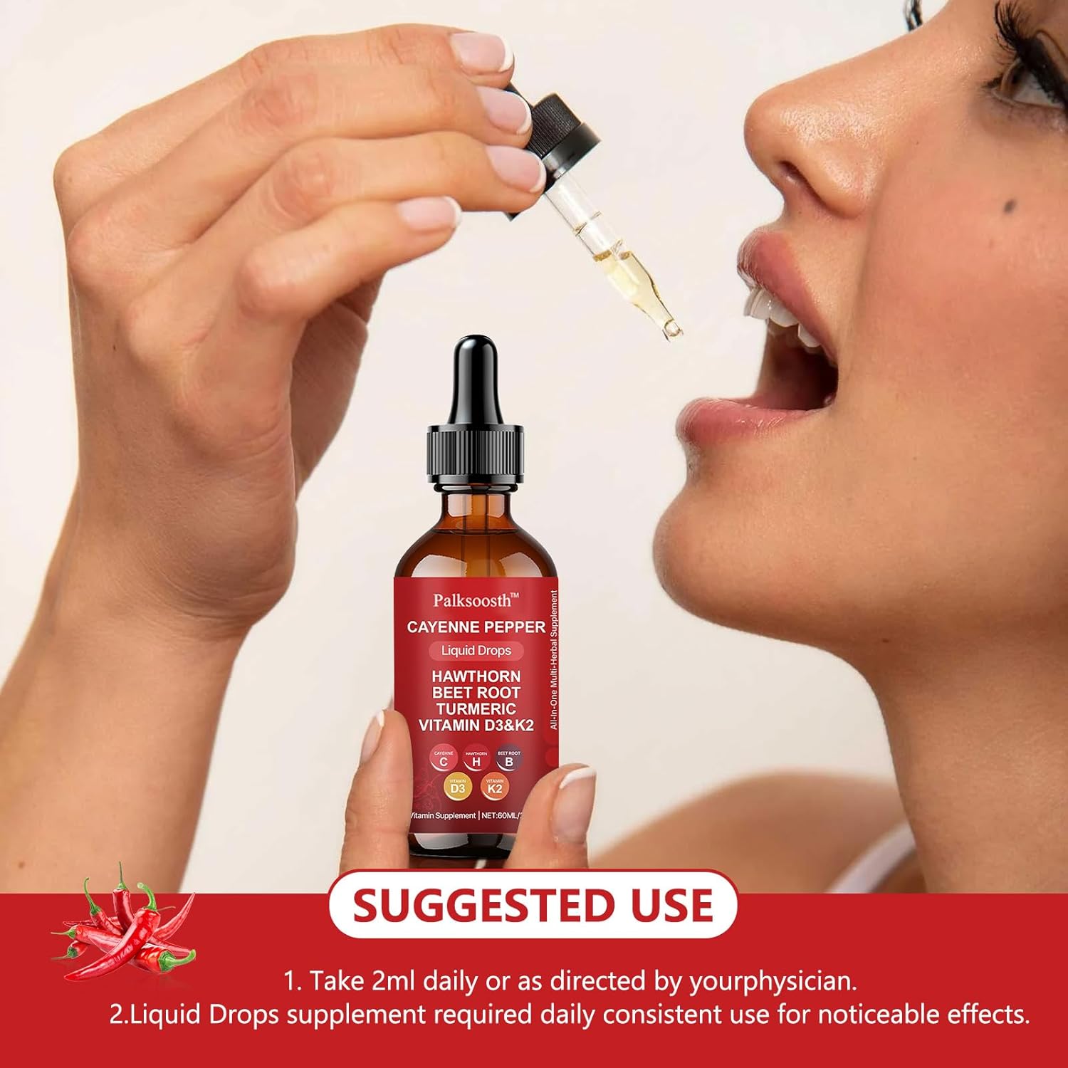 Velestoff Cayenne Pepper Drops, Cayenne Pepper Extract Liquid Drops with Hawthorn Beet Root Turmeric Curcumin, Vitamin K2 & D3 Support for Vascu Blood Flow - 2 Bottles(60ml) - Image 6