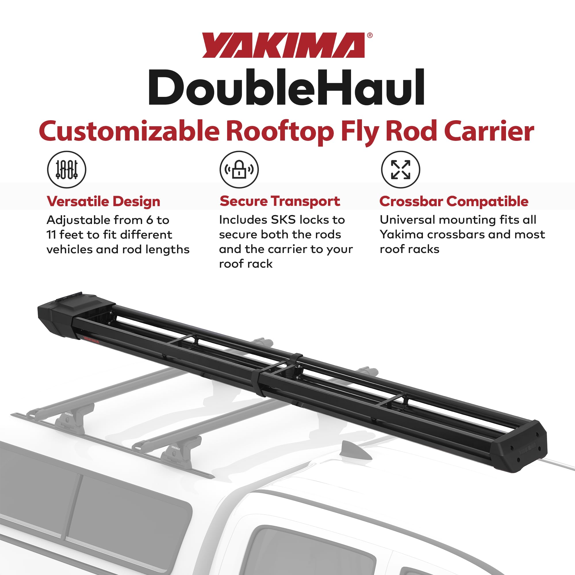 Yakima DoubleHaul Customizable Rooftop Fly Rod Carrier with Yakima Single Key System and 4 Individual Plastic-Lined Aluminum Rod Tubes, Black