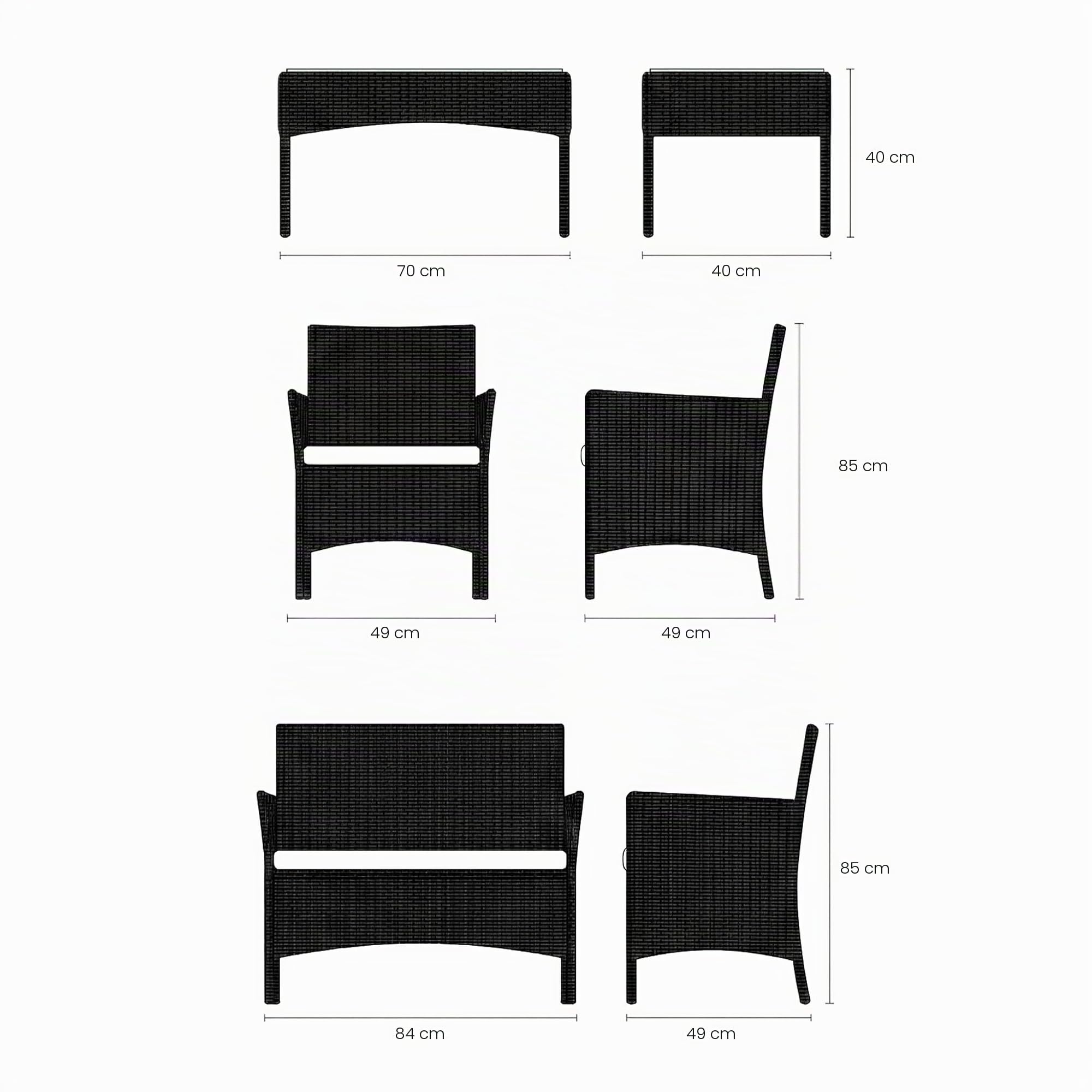 Mediawave Store - Set Divano da Esterno WATAMU 4 Posti in Polyrattan Nero, Salotto da Giardino con Tavolino e Cuscini Sfoderabili, per Terrazzo e Patio Resistente ai Raggi UV