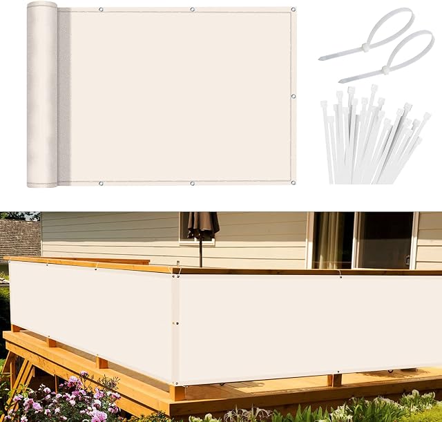 Sunnylaxx Osłona Balkonowa 75 x 500 cm,Ochrona przed Wiatrem, Nieprzejrzysta osłona Balkonu, PES 170 g/m², Ochrona przed Wiatrem i Promieniowaniem UV, z oczkami i opaskami Kablowymi, Kremowa biała