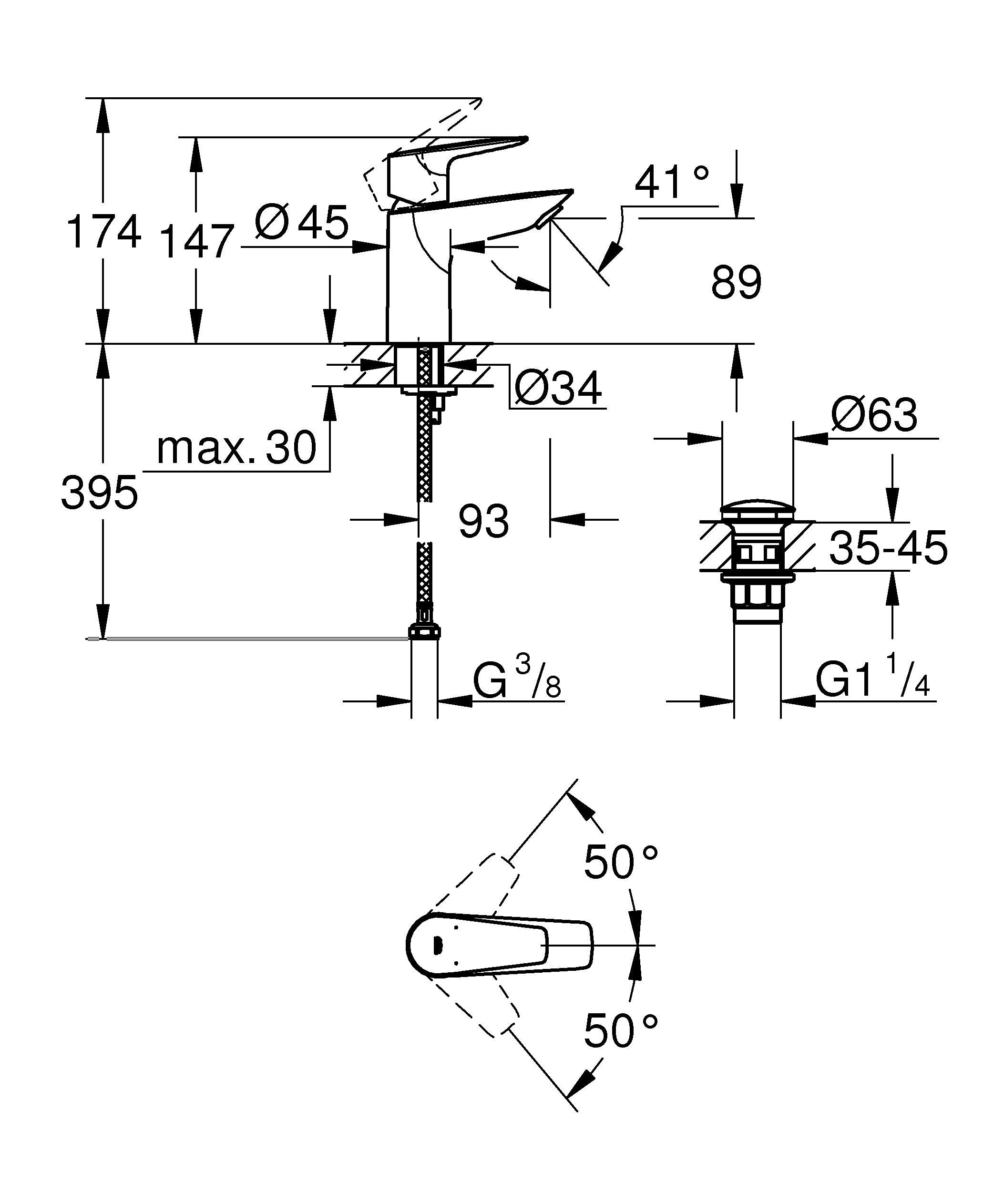 GROHE StartEdge, Waschtischarmatur 3,5l/min, wassersparend (Wasserhahn für das Bad, Badarmatur mit Zugstangen-Ablauf, 12cm hoch, mit 3in1 Werkzeug, einfache Installation), mattschwarz, 238982431