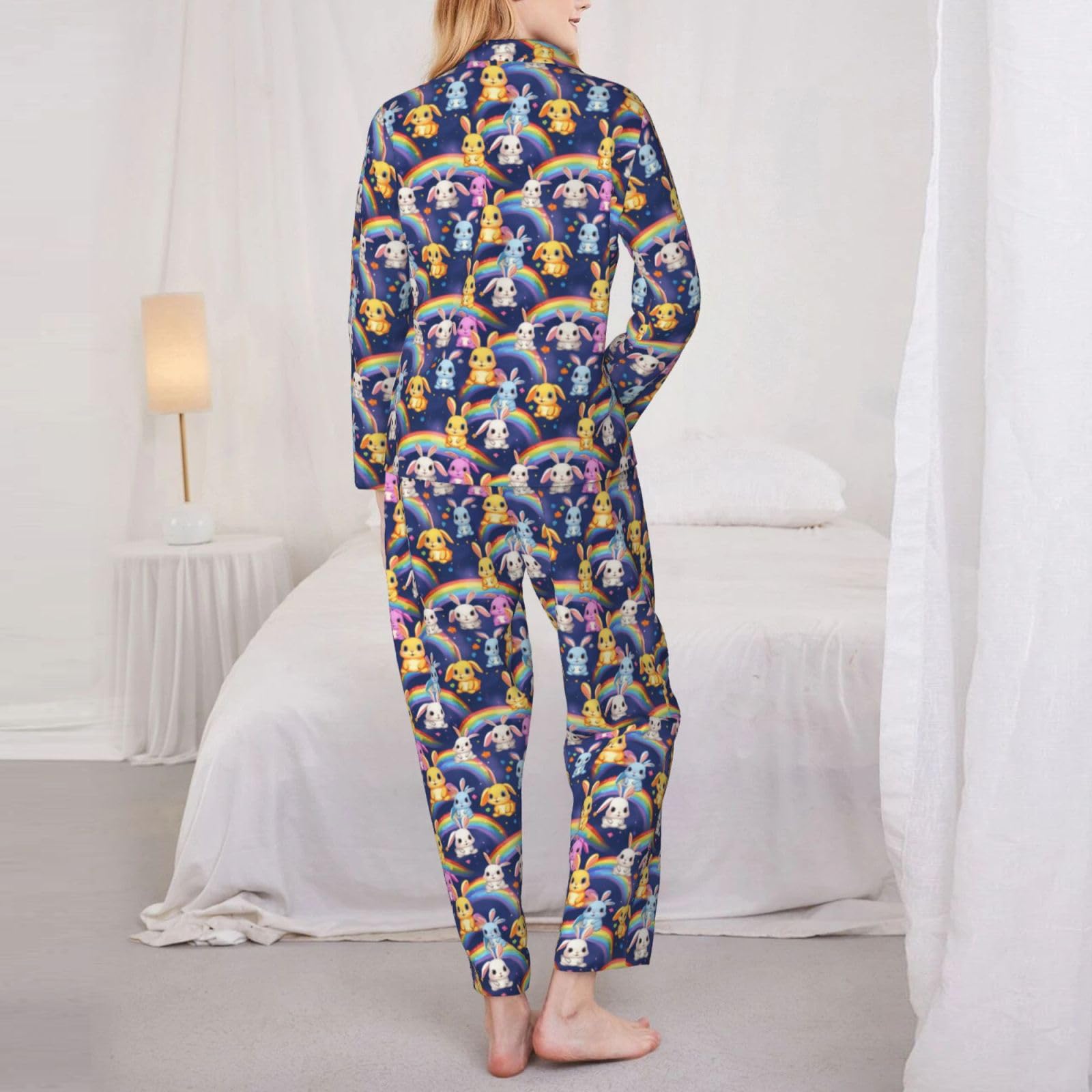 Pigiama a maniche lunghe da donna con stampa di coniglio arcobaleno Set Lounge Sleepwear Accogliente Nightwear Loungewear tutti i giorni