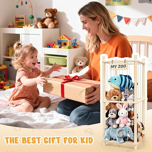 Miniatura 5 de Organizador de zoológico de almacenamiento de animales de peluche, soporte de madera para niños pequeños, bonita jaula de juguetes de peluche para
