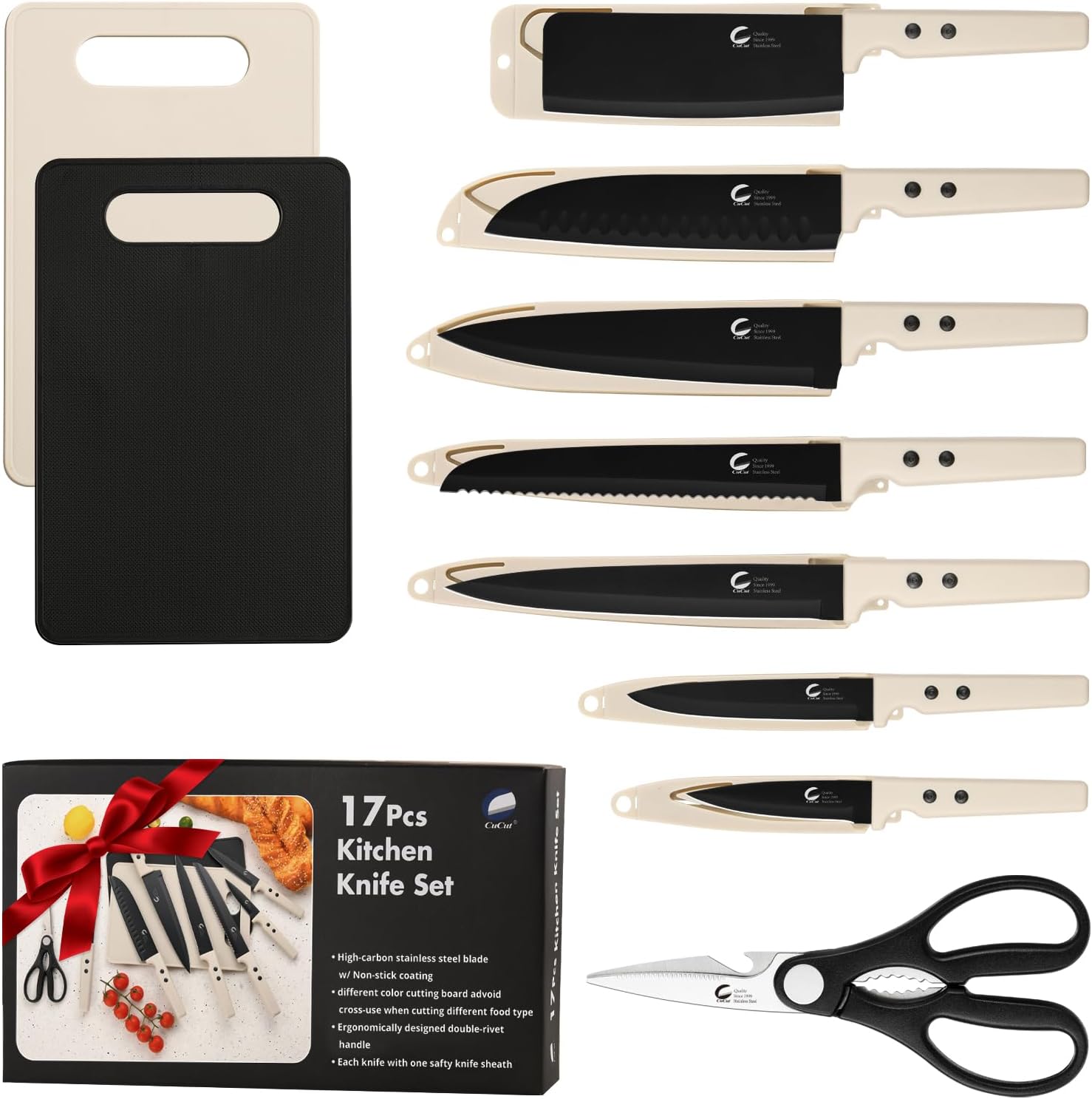 17-Piece Kitchen Knife Set – Black Stainless Steel Knives with 2 Cutting Boards, Safety Sheaths Included, Dishwasher Safe, Ultra-Sharp Blades, Essential Kitchen Tools for New Homes