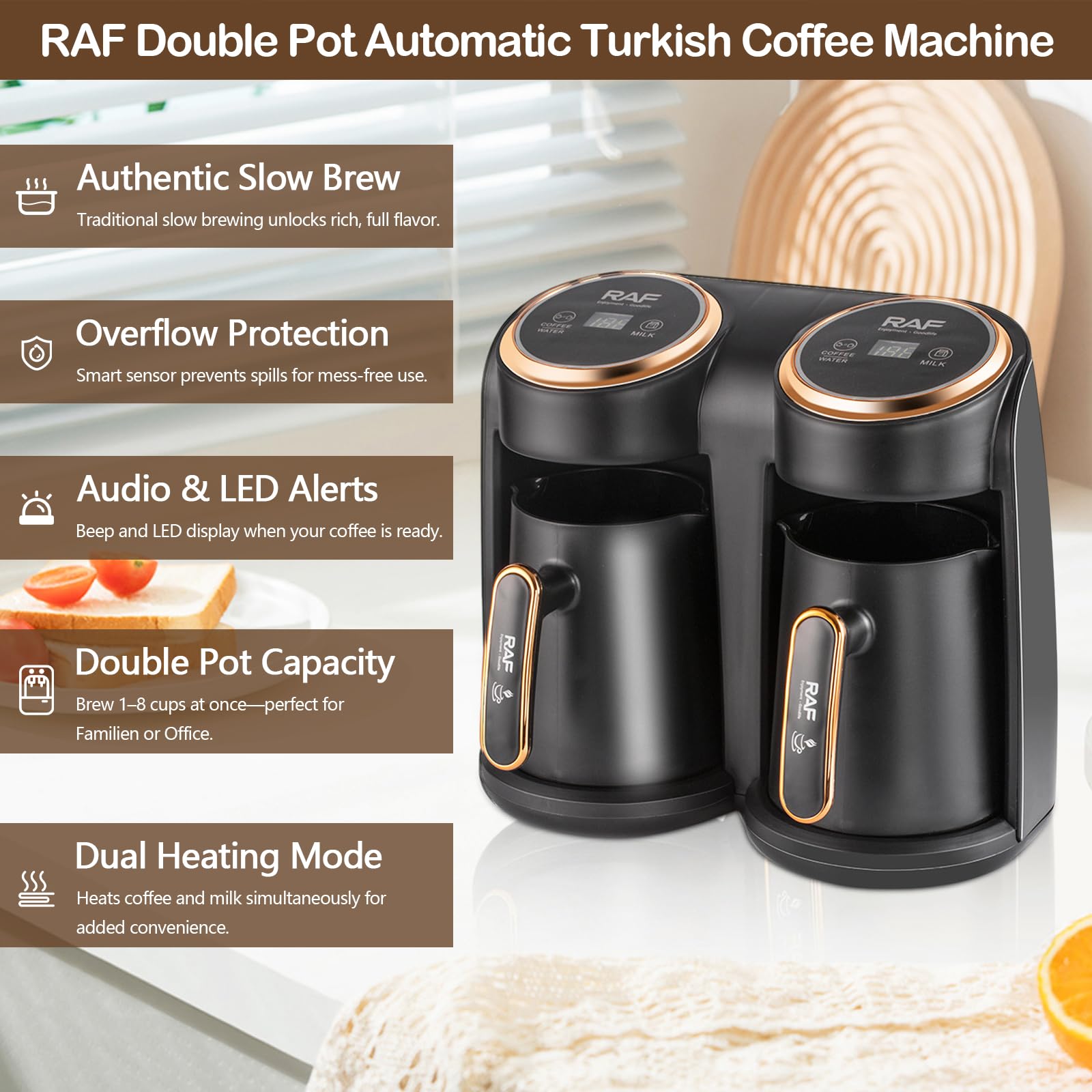 RAF Elektrische Türkische Kaffeemaschine, 600W Kaffeepott mit Dual-Heizsystem, Gleichzeitig Kaffee & Milch erhitzen, 300+300ml Große Kapazität für 6 Tassen, mit Anti Trockenlauf Schutz