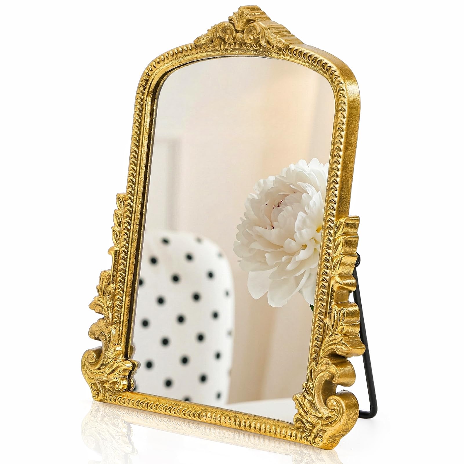Photo 1 of ZOOFOX Vintage Vanity Desk Table Mirror, 11.8" x 9.6" Arched Antique Makeup Mirror with Full Wooden Frame, Small Standing Carved Baroque Mirror for Living Room, Bedroom Dresser, Desktop Decor