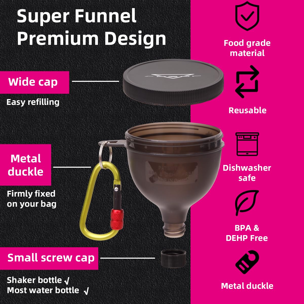 SPEQT Protein Powder Funnel Set - Protein Powder Travel Container to Go with Carabiners & Cleaning Brush - No-Mess,Water Bottle Funnel for Powder Supplement for Pre Workout,Gym,Fitness - 4 Pack