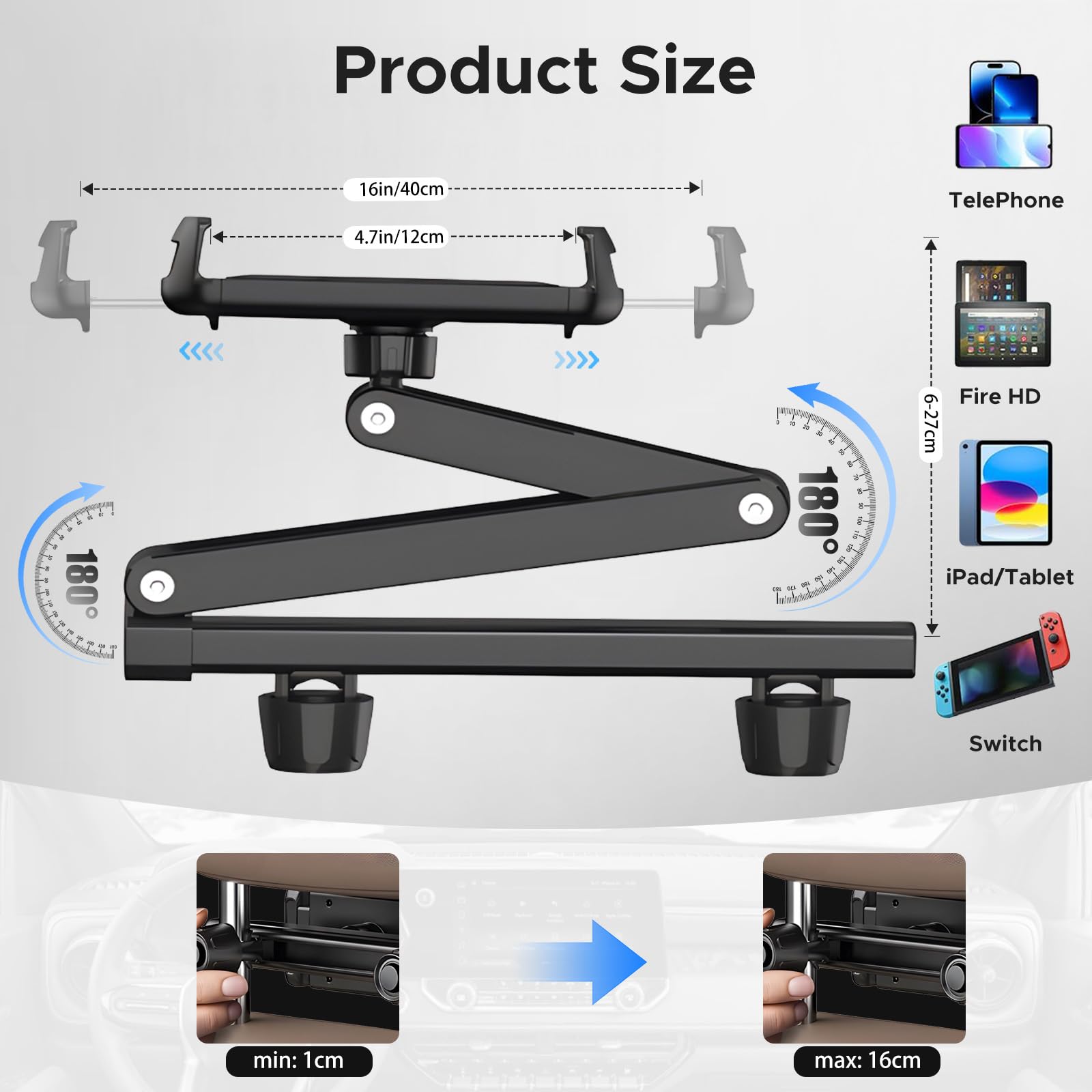 Soporte Tablet Coche, Reposacabezas, Brazo Metálico, Soporte de Tres Brazos Plegables, 360° Rotación, para iPad Pro, Air, Mini, Tab, Otros 4,7-16" Dispositivo