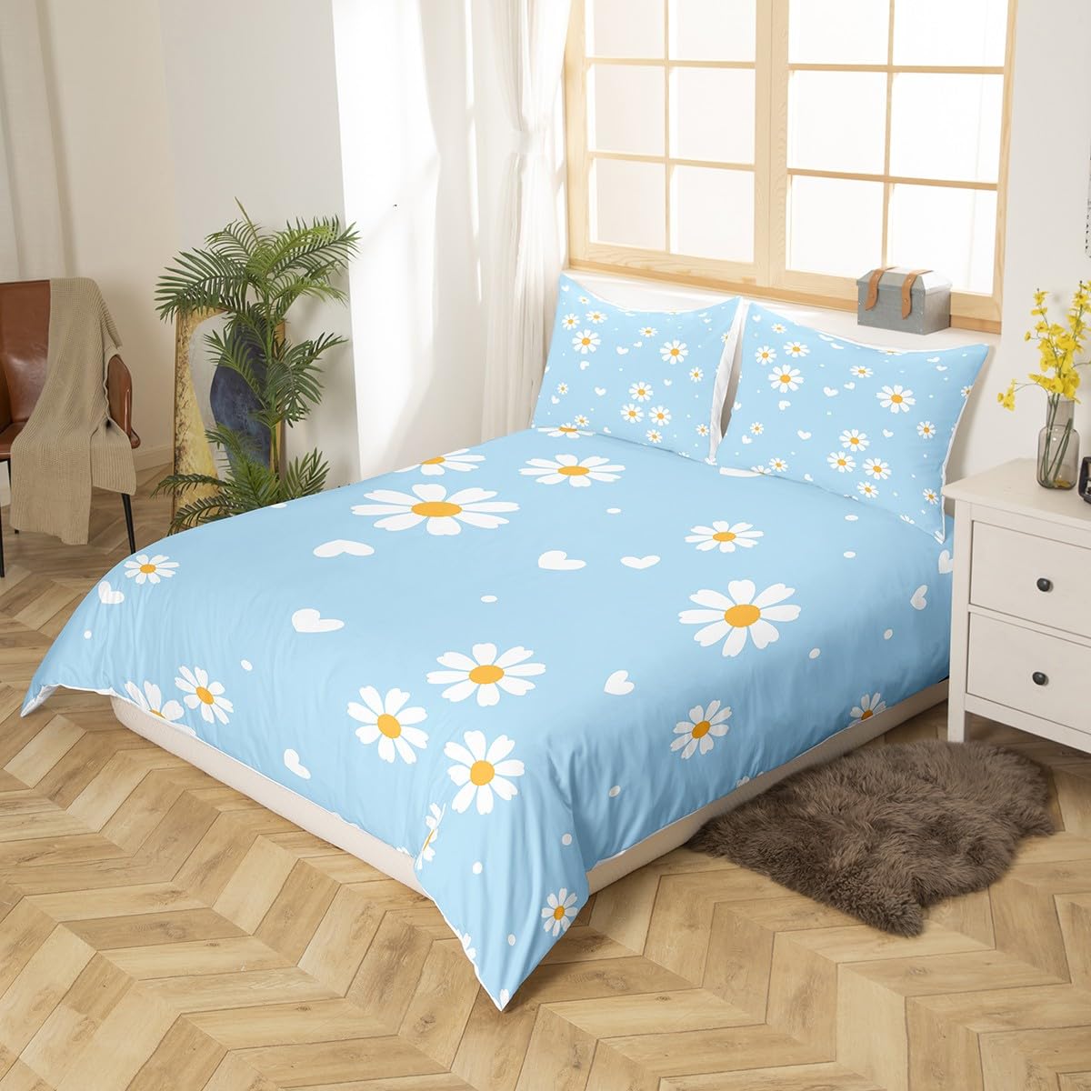 Girls Daisy Bedding Set,Yellow White Blue Duvet Cover for Teens,Kids Daisy Flowers Comforter Cover Decorative Room,Children Spring Floral Quilt Cover with 2 Pillowcases,Full Size(No Comforter)
