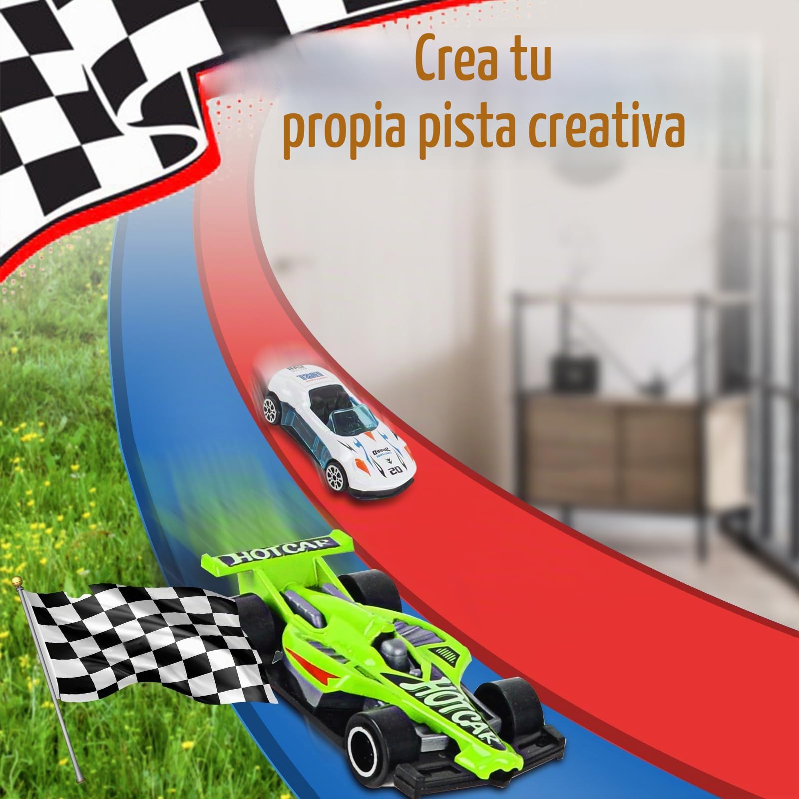 Pista Coches Flexible 5M, Pista de Coches para Niños, Rampas para Coches Incluye 6 Coches, Juguete Regalo para Niño Niñas, Rojo Azul