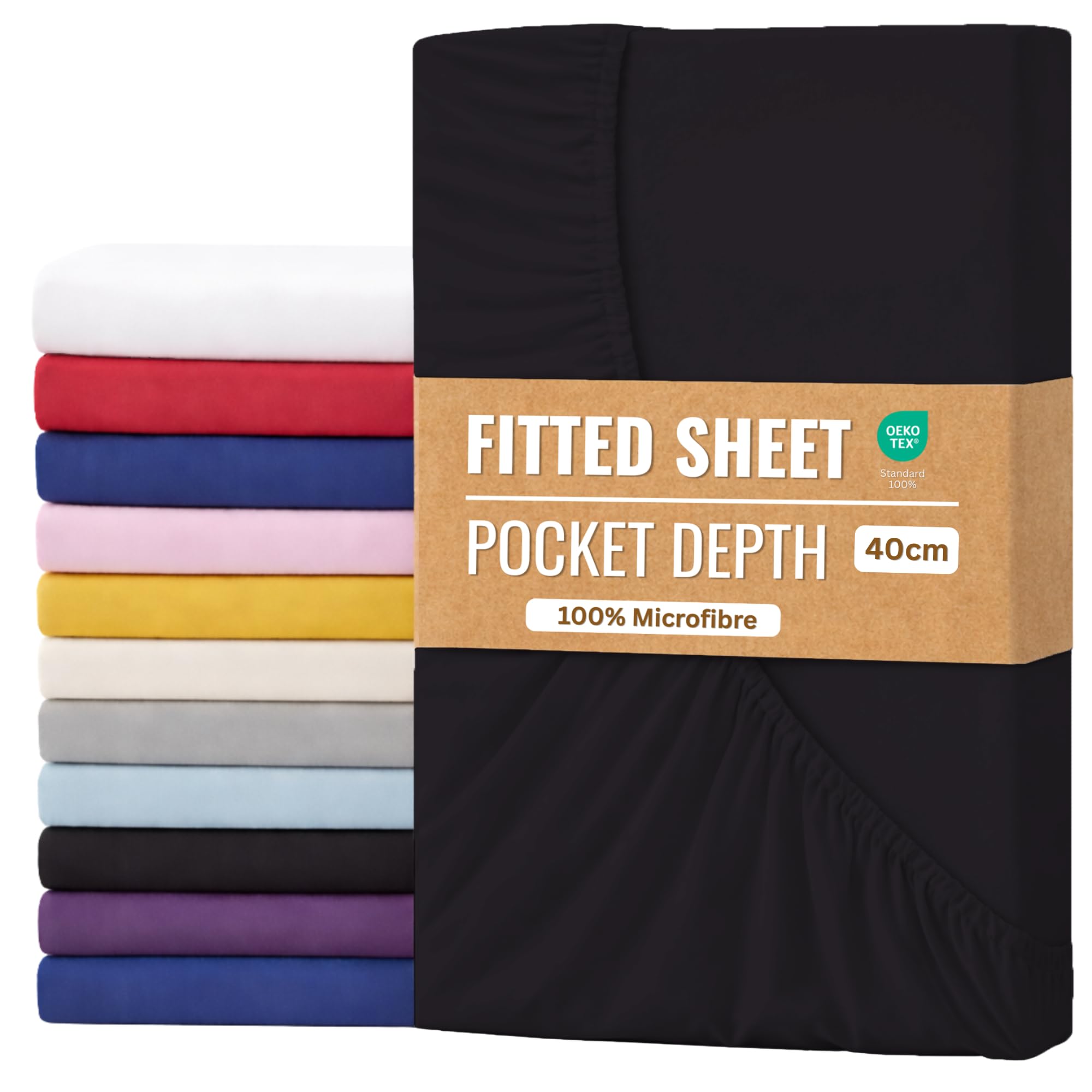 Fitted Sheet 40cm with Extra Deep Pockets - OEKO-TEX Certified Bed Sheet Single Size 90X190CM | Hotel Quality & Wrinkle Resistant | Brushed Microfibre Fitted Sheets (Black)