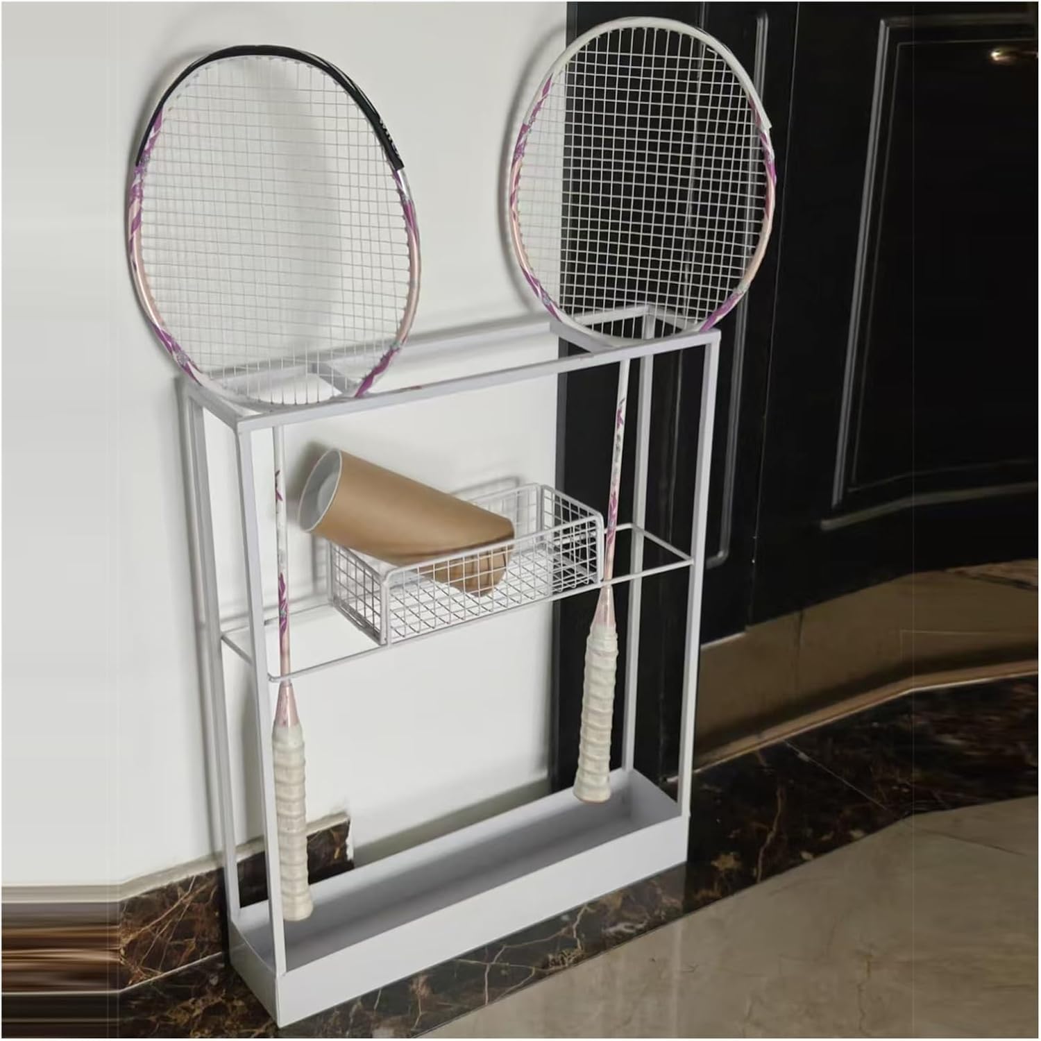 Rangement raquettes badminton d'angle blanc sans assemblage pour gymnase et maison