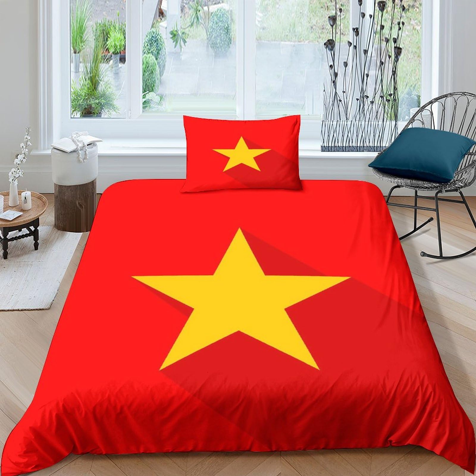 AAHARYA Flag of Vietnam 3D Duvet Cover, Easy Care Polycotton Bedding Sets, Super Soft National Flag Quilt Covers Single（135x200cm）