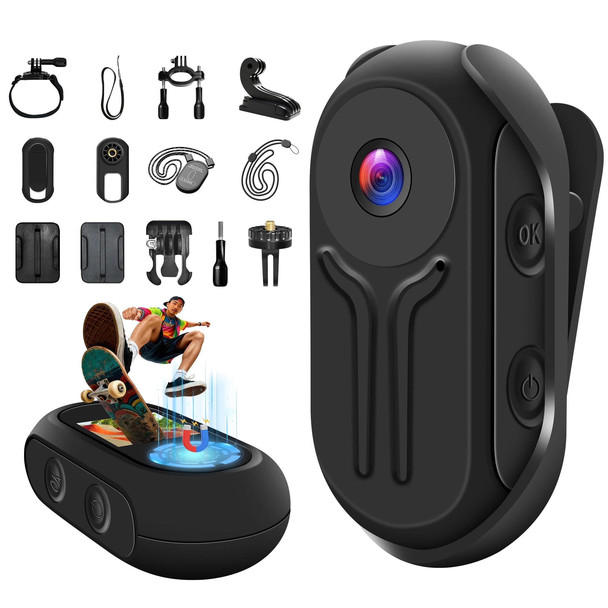 Camara Deportiva 1080P HD, Mini Cámara Video Acción 120° Cámara Casco Moto Bicicleta Videocámara con Pantalla Visión Nocturna, Montaje Magnético Varios Accesorios para Deportes y Actividades