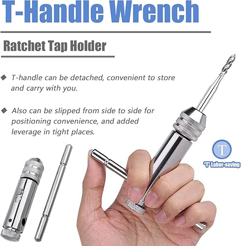 Miniatura 6 de Mesee Juego de 2 llaves de trinquete con mango en T, llave de trinquete ajustable con mango en T, llave de soporte para roscado reversible, llave de
