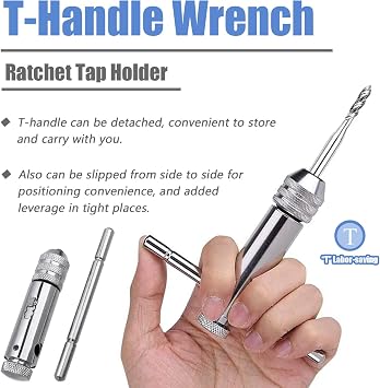 Mesee 2 Pieces T-Handle Ratchet Tap Wrench Set, Adjustable Ratcheting T Handle Tapping Holder Wrench Reversible Reamer Hand Threading Tap Wrenches Tool Fits M3-M8/ M5-M12 Metric Screw Taps
