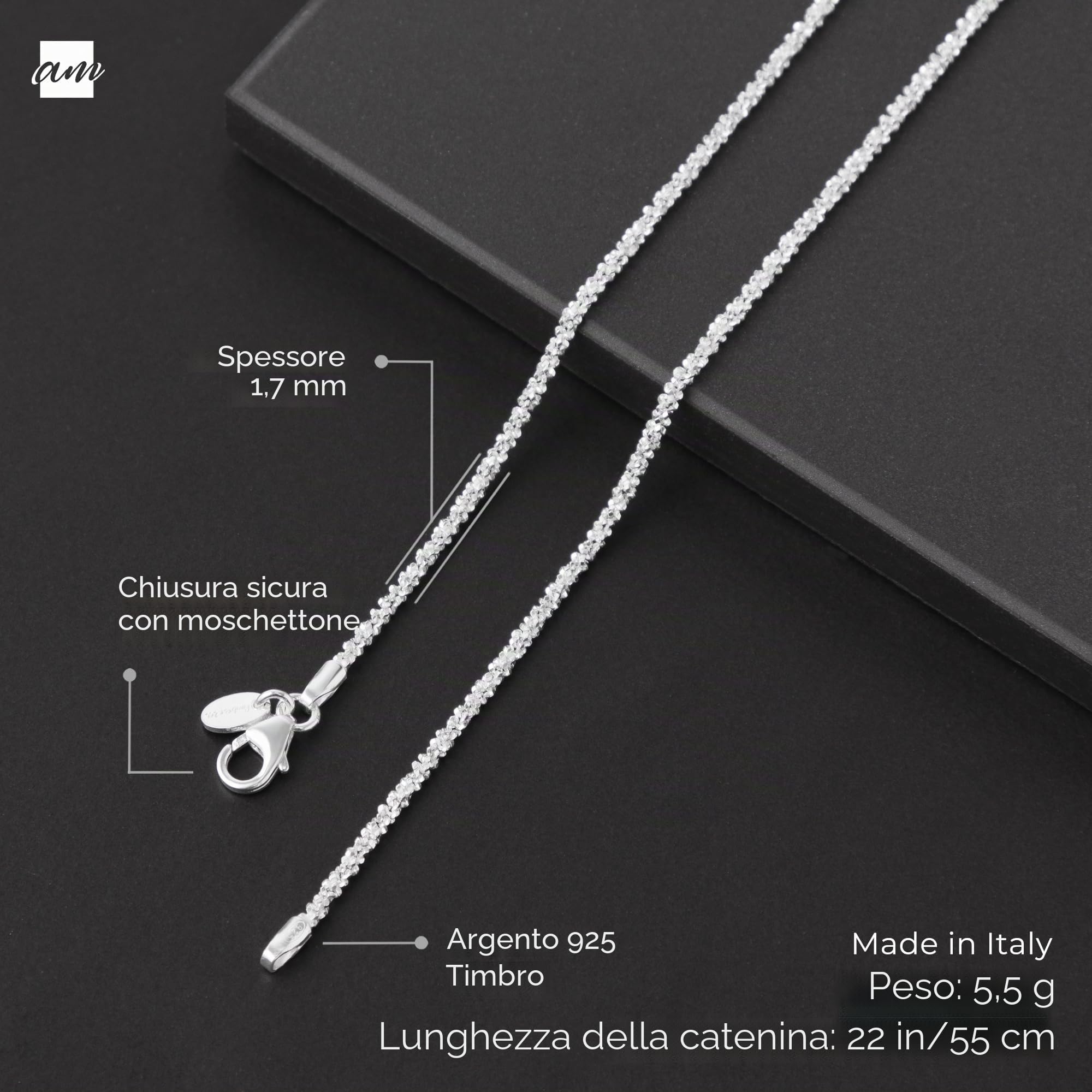 Amberta Collana Diamantata in Argento Sterling 925 per Donna - Collana Popcorn in Argento 1.7mm