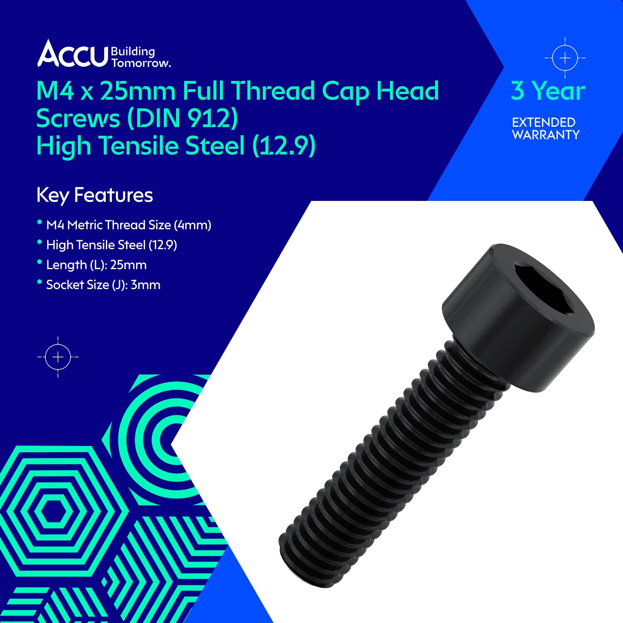 Accu - M4 x 25mm Full Thread Cap Head Screws (DIN 912) - High Tensile Steel (12.9) (Pack of 50) - Image 2