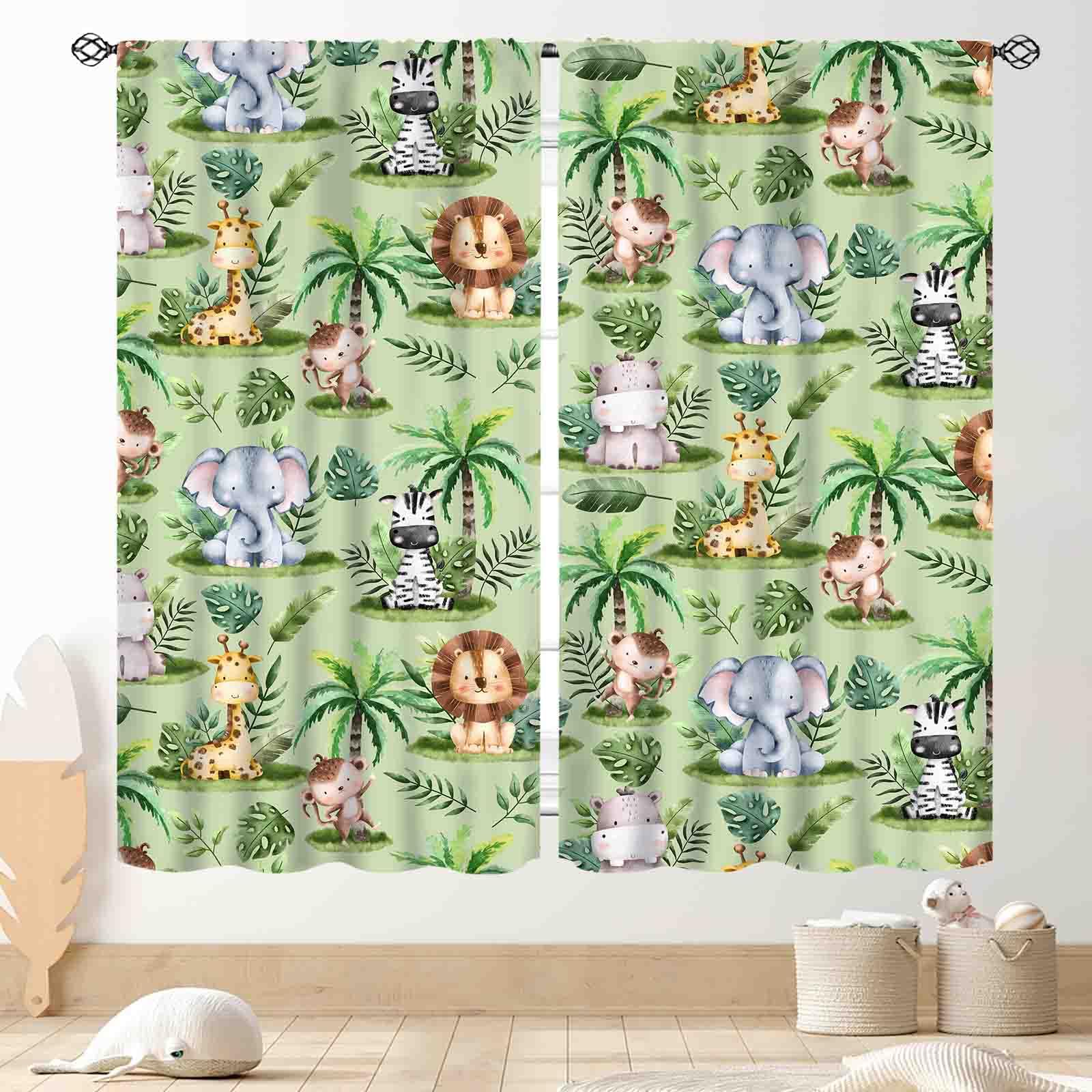 TKUYO Jungle Safari Animals Curtains, Cartoon Animals Lion Giraffe Elephant Woodland Tropical Leaf Green Window Drapery for Kids Boys Girls Baby Living Room Bedroom Nursery 2 Panels, 42"x54" Inch