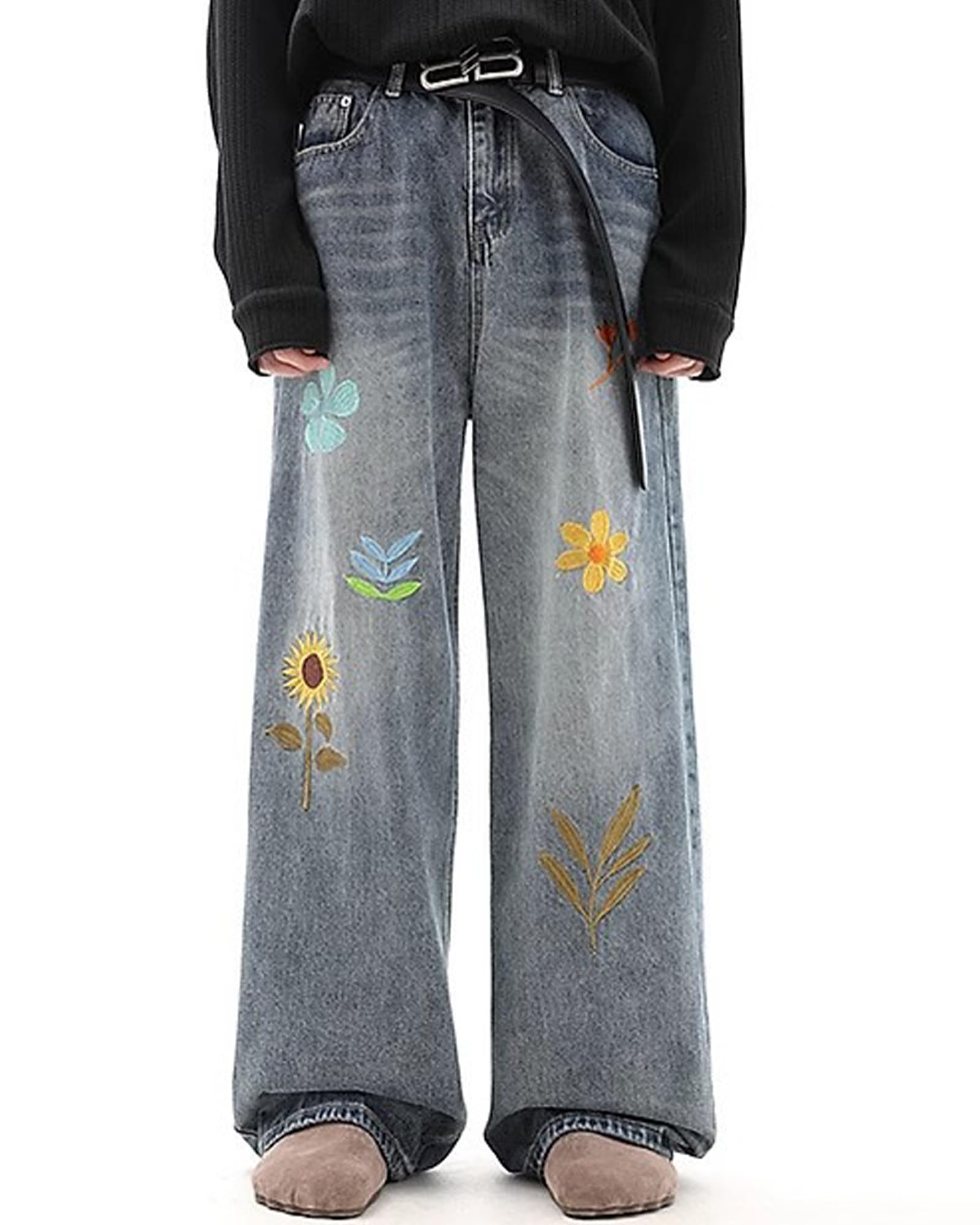 Herren Floral Stickerei Mid Rise Gerade Jeans Hip Hop Streetwear Lose Lässige Breite Bein Hosen