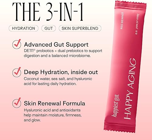 Miniatura 2 de Happiest - Polvo de hidratación con electrolitos intestinales con probióticos y ácido hialurónico, salud intestinal + brillo de la piel, 12 barras