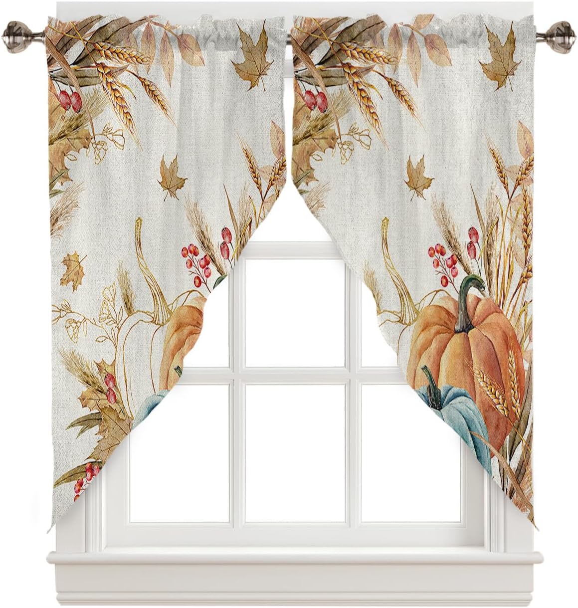 Thanksgiving Swag Curtain,Fall Watercolor Pumpkin Kitchen Valances Rod Pocket Curtains Tier Pair Swag Topper,Farm Leaves Wheat Linen 2 Panels Autumn Window Treatment for Bathroom Living Room Bedroom