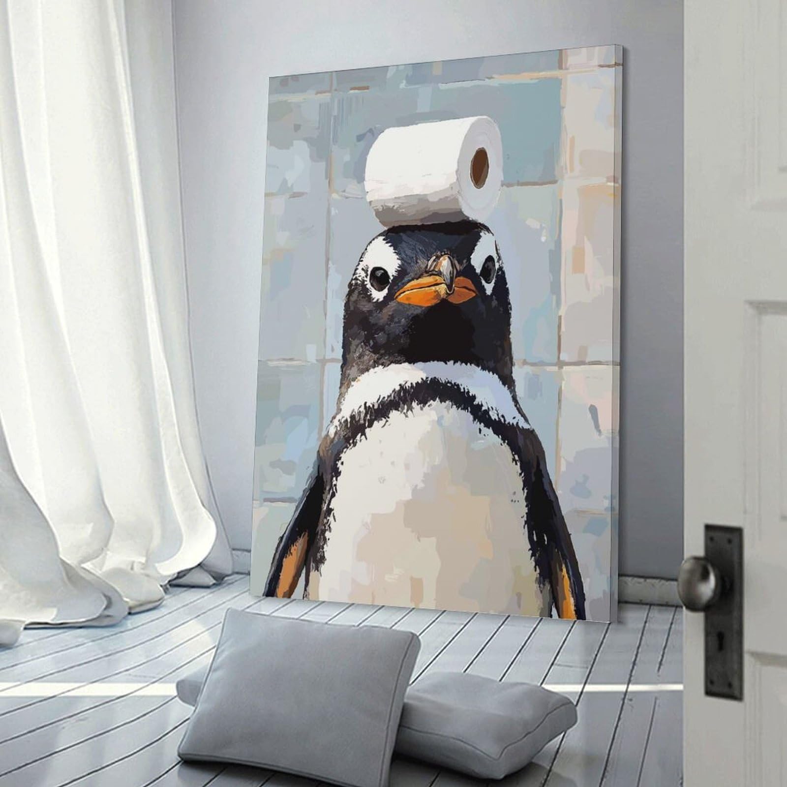 Junmoney Frame-Style-24 Penguin With Toilet Paper On Head Wall Picture Print, 16X24inch(40X60cm), For New Homes, Bedrooms Or Workspaces, Thoughtful Wall Decor For Art Lovers