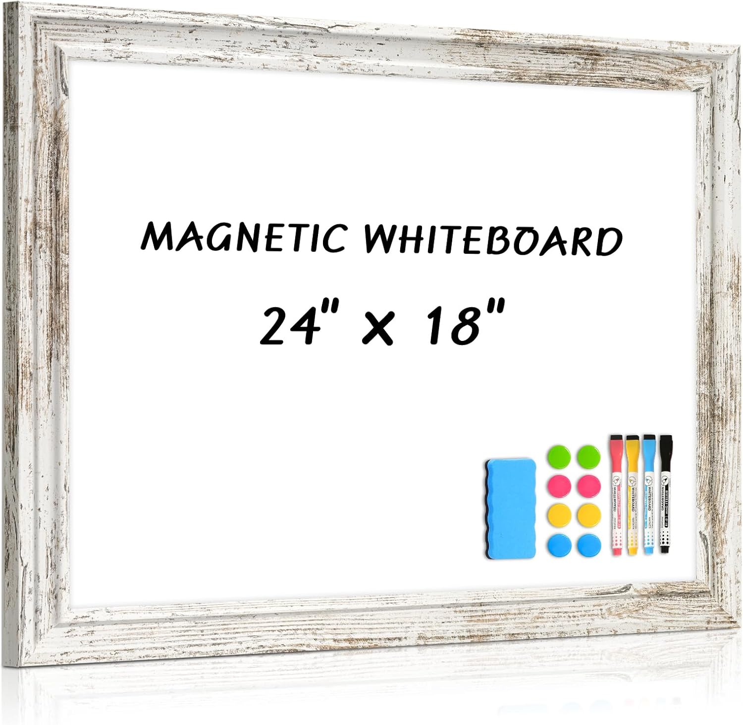 White Board for Wall, 24'' x 18'' Magnetic Dry Erase Board, Decorative Whiteboard with Vintage Wooden Frame, Hanging Writing Board for Home Office School Dorm