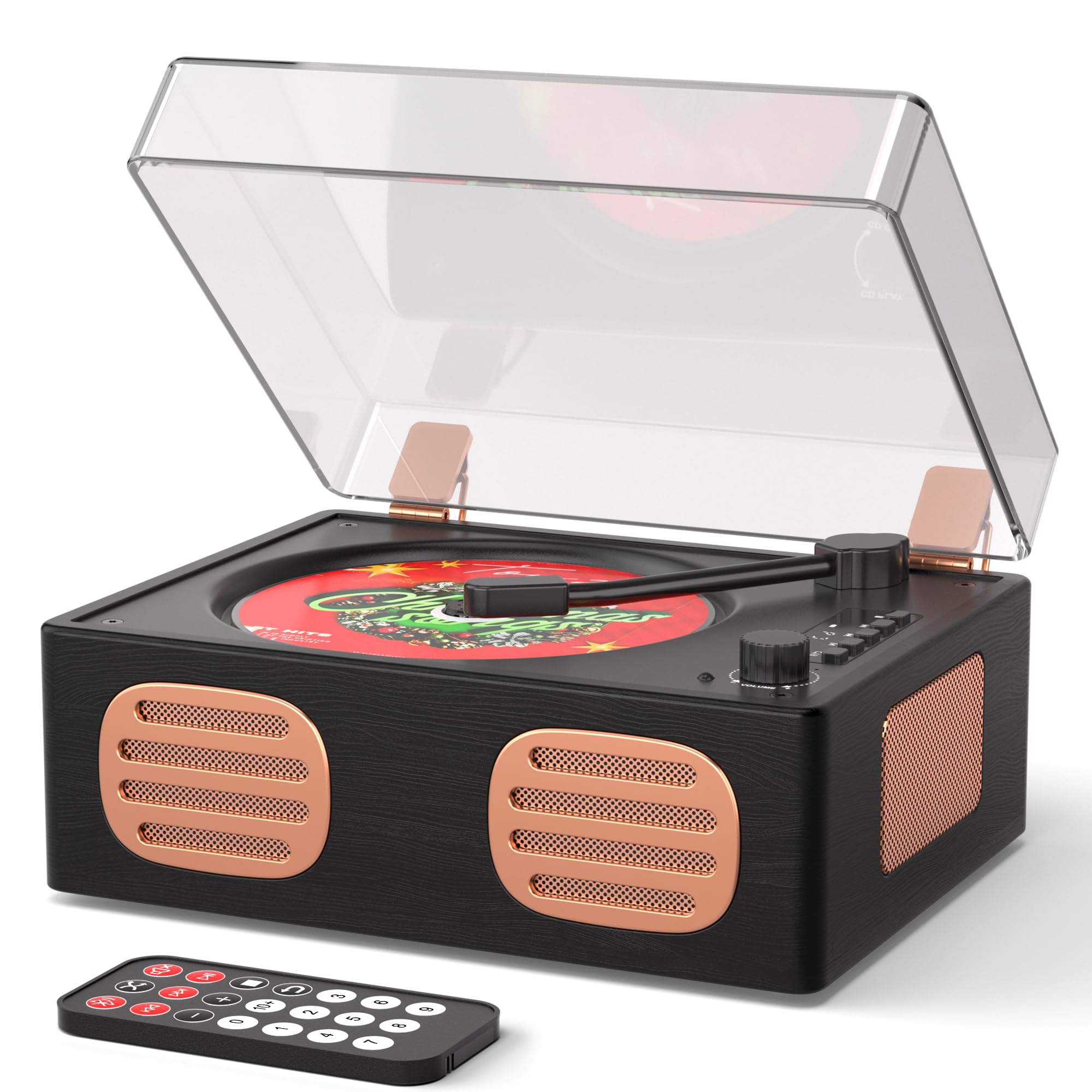 Portable Retro CD Player with Bluetooth and Dual HiFi Speakers, LED Screen, Desktop Vintage Wooden CD Music Player for Home, Dust Cover, Remote Control, AUX/USB Playback, Black Rose Gold