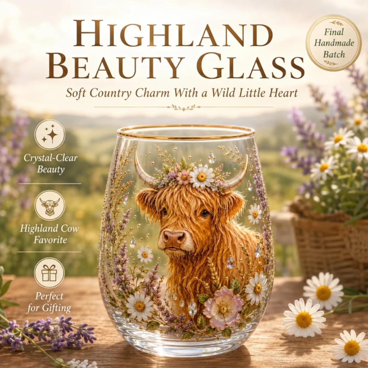 Highland Beauty Glas, handbemalte Highland-Kuh-Schönheits-Glasbecher, lustiges Highlandcow-Gläser-Geschenk-Set, Trinkglas für den täglichen Gebrauch und bedeutungsvolle Urlaubsgeschenke (3 Stück)