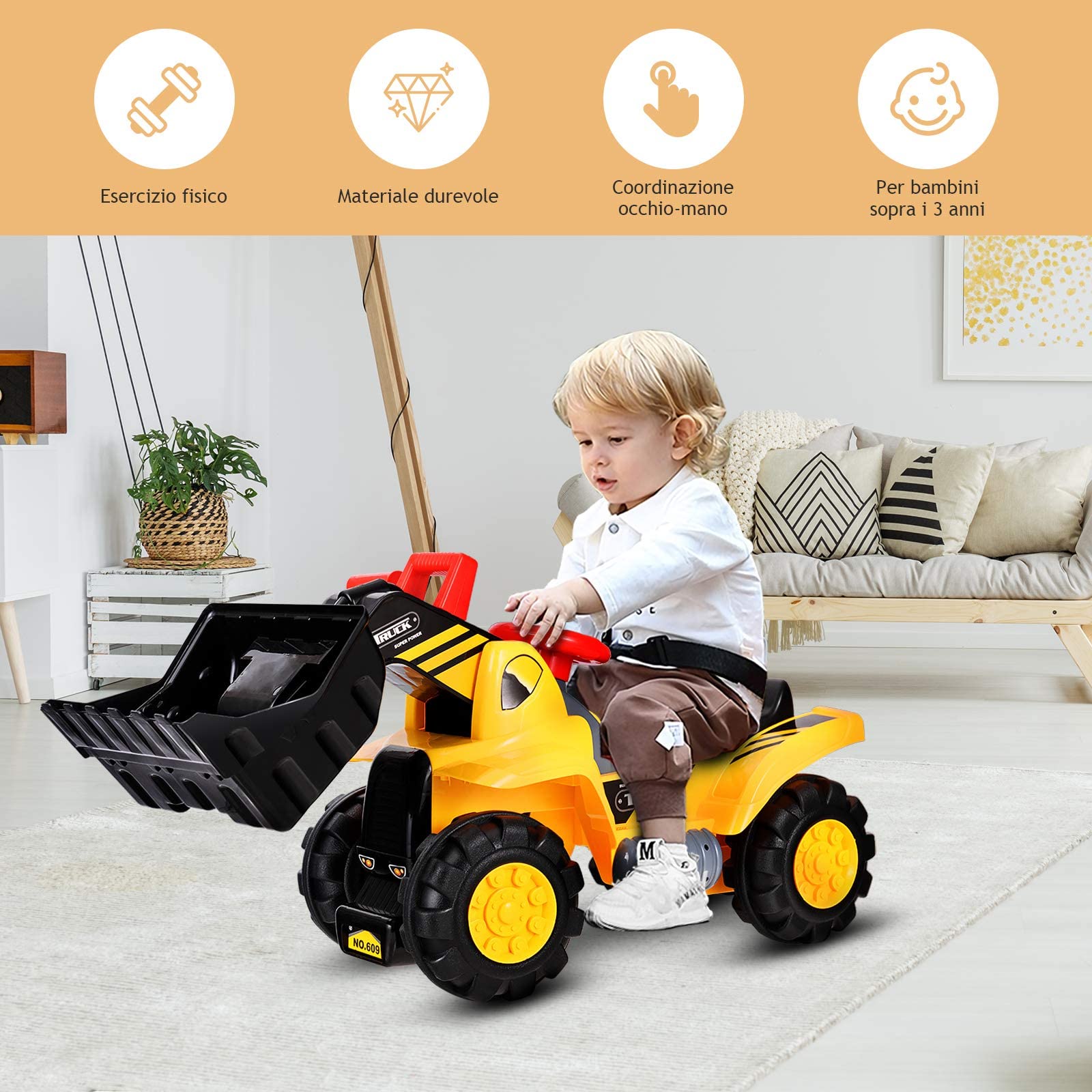 GYMAX Ruspa Cavalcabile Giocattolo per Bambini più di 3 Anni, Escavatore con Spazio di Archiviazione sotto La Sedia, Giallo, 85x45x30 cm